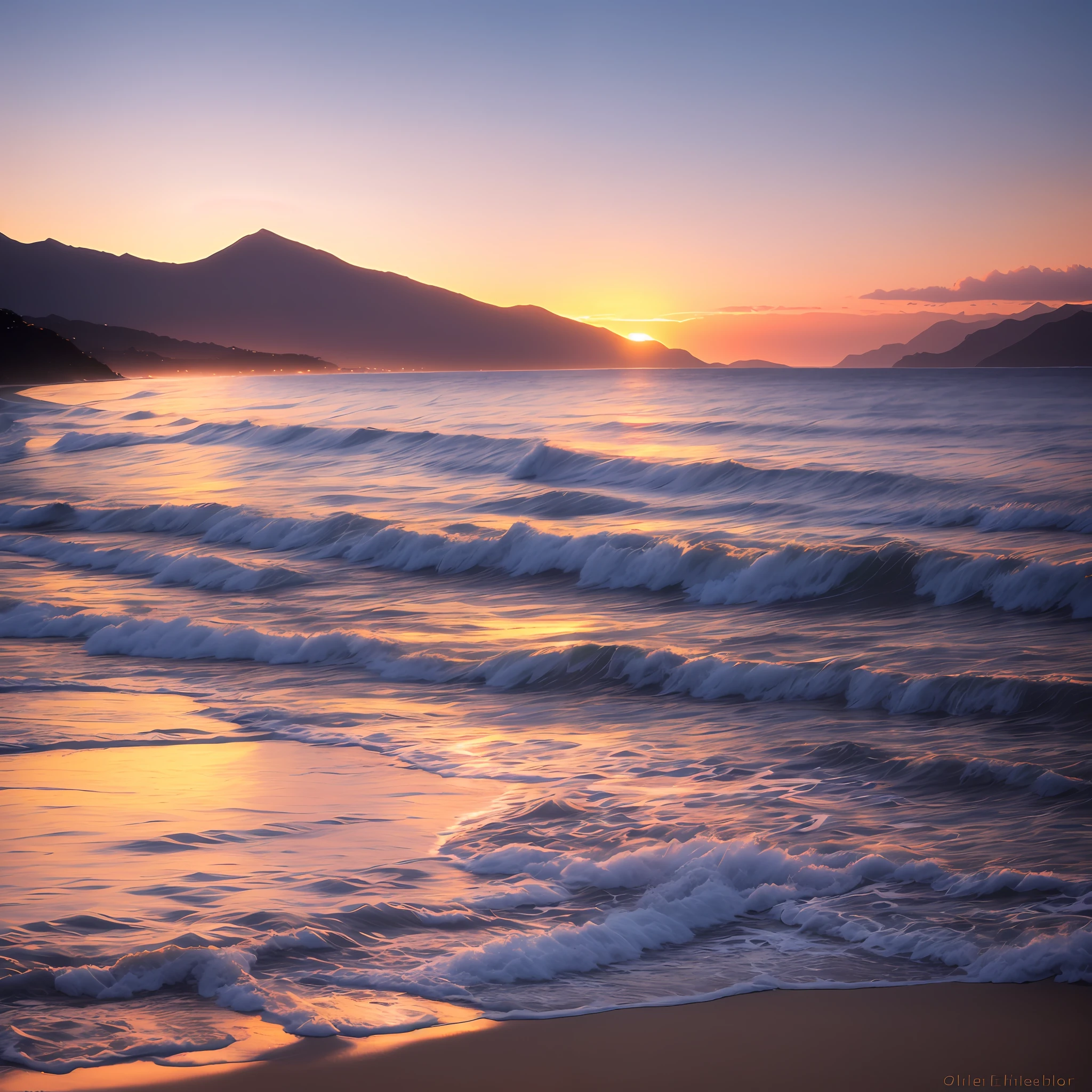 sunset over the ocean with waves crashing on the beach, soft glow, sunrise, warm glow, by Etienne Delessert, sunset glow, golden bay new zealand, dawn, morning glow, by Alexander Robertson, soft morning light, epic sunrise, vibrant sunrise, bathed in golden light, breath taking, by Matthias Weischer, golden glow, predawn, sunrise light