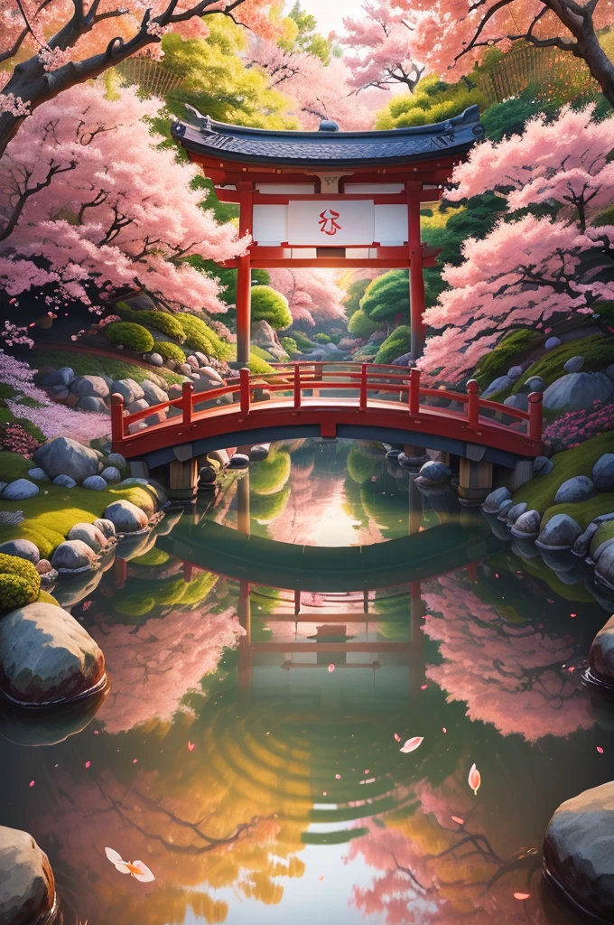 (digital painting),(best quality), serene Japanese garden, cherry blossoms in full bloom, pond, footbridge, pagoda, Ukiyo-e art style, Hokusai inspiration, Deviant Art popular, 8k ultra-realistic, pastel color scheme, soft lighting, golden hour, tranquil atmosphere, landscape orientation