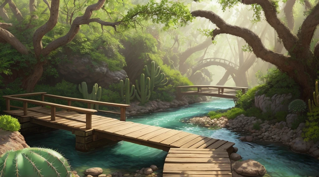 4k, a river in a forest with clear water, a wooden bridge, cacti grow, photorealism