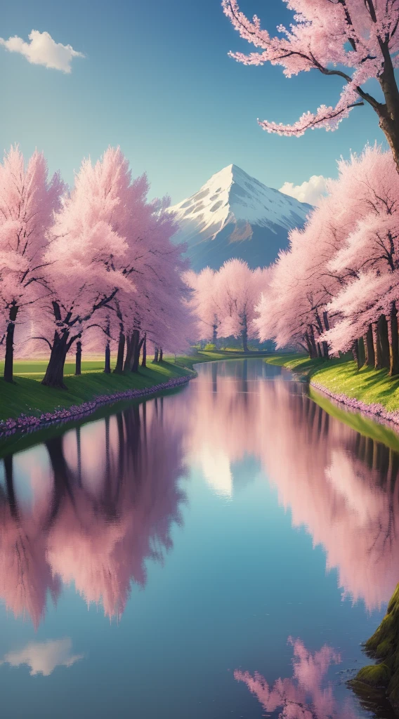 Masterpiece, there is a picture of a beautiful lake with pink flowers, a photo of Anton Radescheit, popular on the shutter, romanticism, beautiful landscape, background of cherry blossoms, tranquil landscape, epic beautiful landscape, color block painting