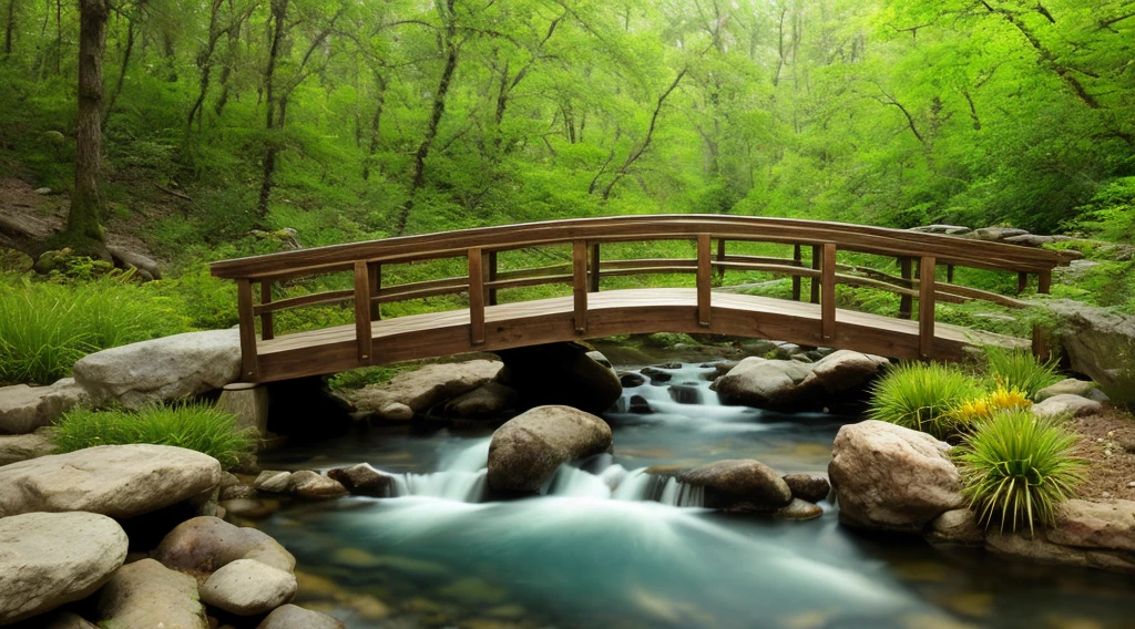 4k, a river in a forest with clear water, a wooden bridge, cacti grow, photorealism