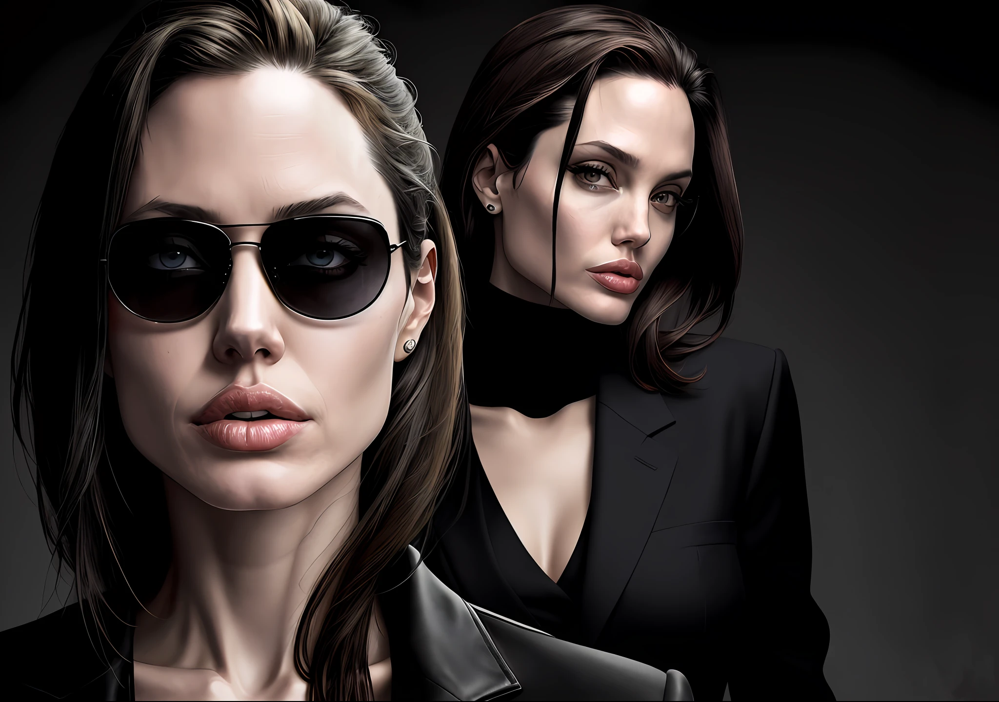 Angelina Jolie is standing, her mouth sewn together, showing off her entire body dressed in a suit. The photo is dark, has an epic and realistic atmosphere. It's a distant portrait where she wears sunglasses, has blue eyes and shaved hair style The artThe image features a yellow gradient, with a predominant color scheme of black, brown and magenta, providing a grunge aesthetic. The background depicts a war wall