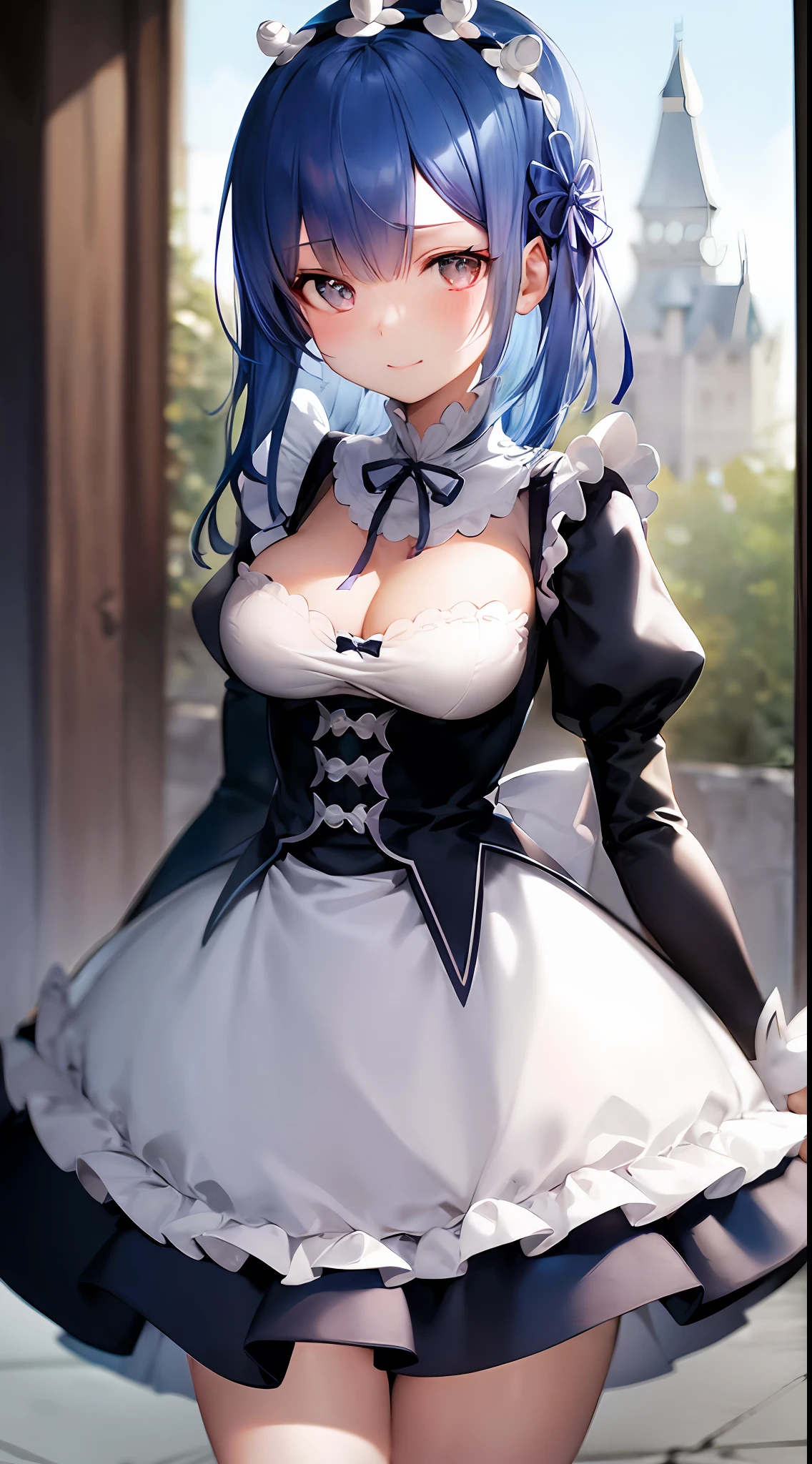 Blue hair, rapid eye movement \(re:zero\), [smile], blush, castle, masterpiece, best quality, perfect lighting, 1 girl, skirt, medium breasts, thin legs, maid outfit, dignified