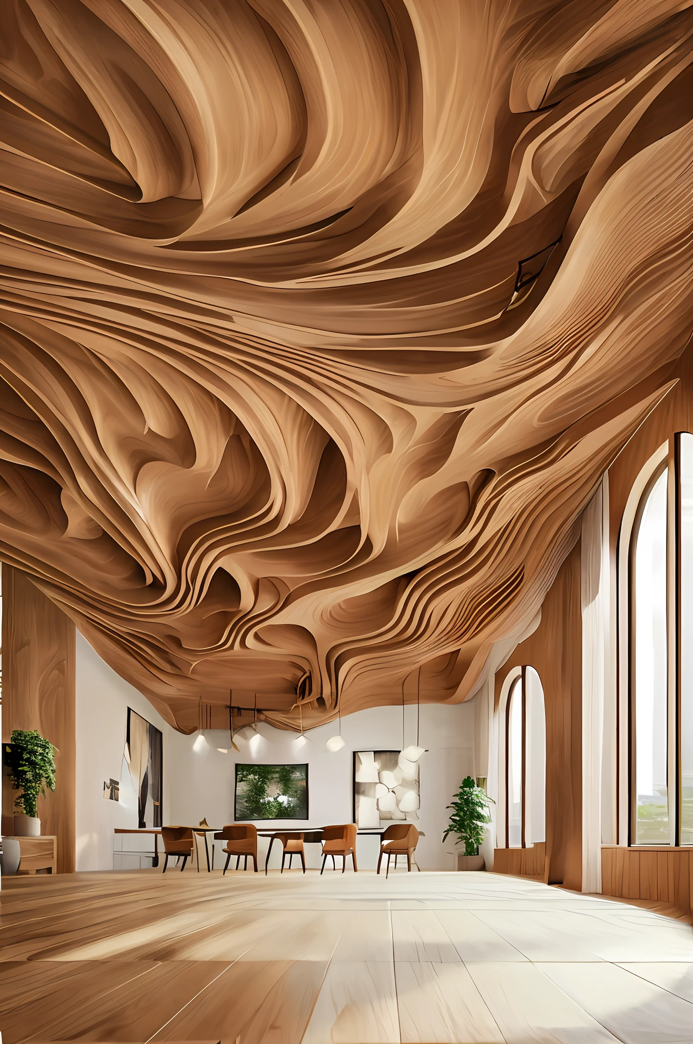 great hall with wooden waving ceiling, (photo realistic:1.2)