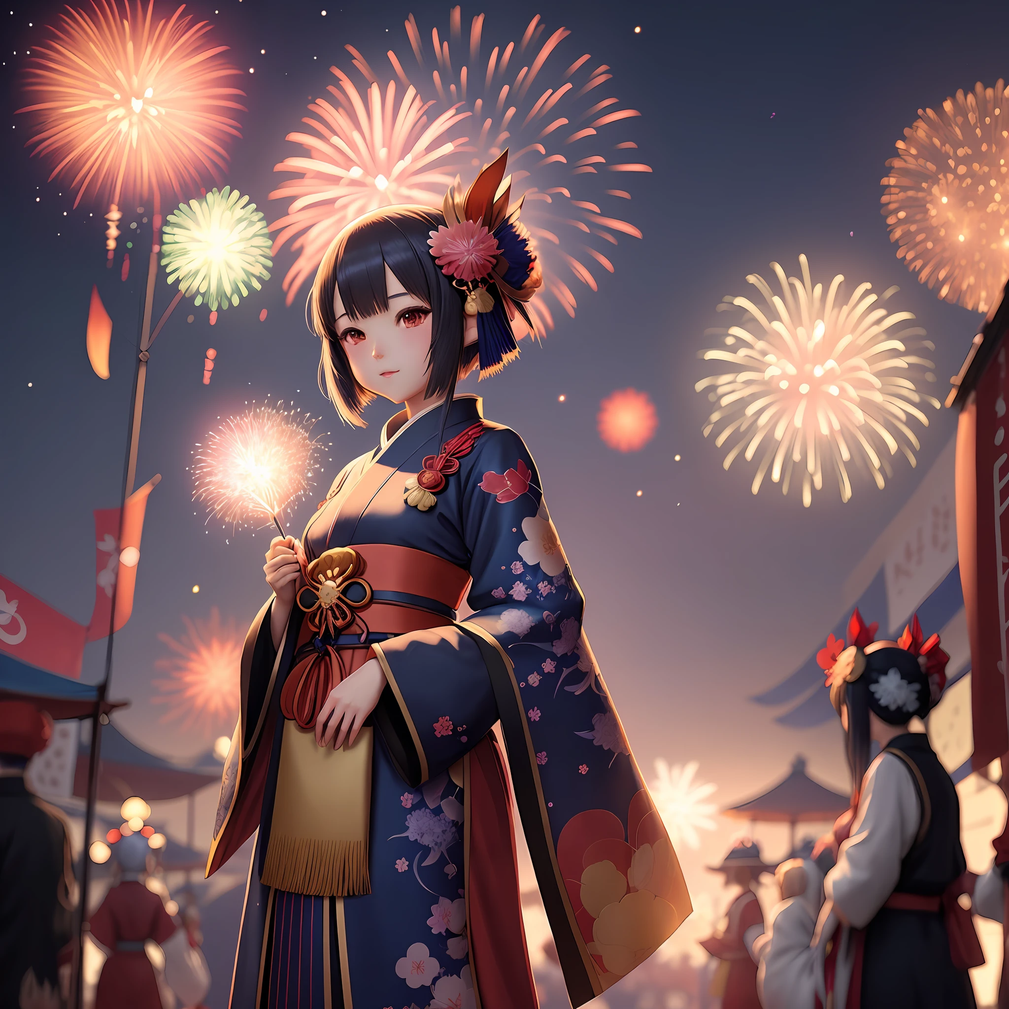 Anime girl standing in front of fireworks in costume, Onmyoji, Onmyoji detailed art, summer festival night, Official anime artwork, Anime style artwork,