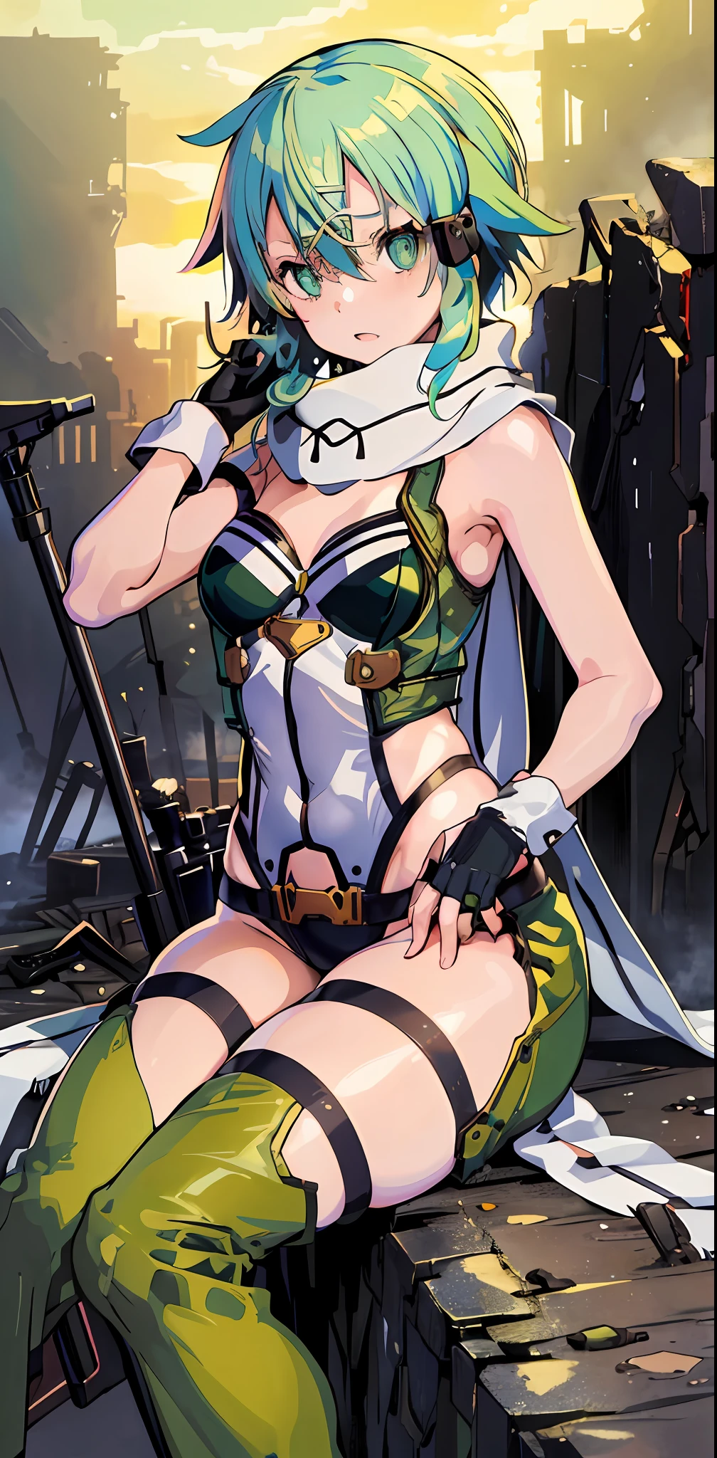 masterpiece, best quality, high resolution, 1girl, sinon1, scarf, fingerless gloves, green with black bikini, hair ornament, hair clip, thigh strap, cowboy shooting, holding gun, sniper rifle, ruins, sitting , hands on hips, worried, curvy, little waist, chubby, face red with embarrassment, surrounded by people