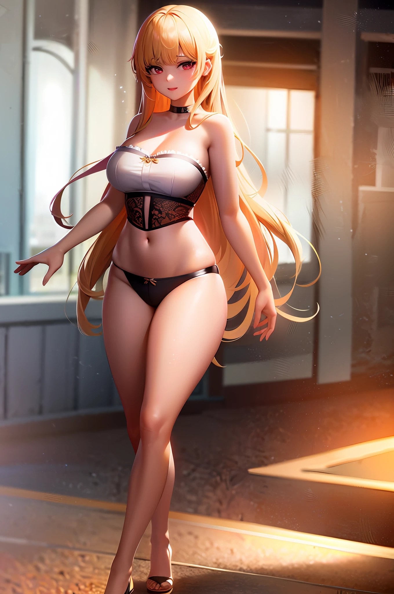 (Extremely detailed CG unity 8k wallpaper, masterpiece, best quality, excellent detail), (high saturation, best shadows, best lighting, extremely exquisite and beautiful), floating,
Show off your underwear, Blonde, red eyes, erotic face, look at viewers, áo ngực đen, big, big thighs, cười gượng