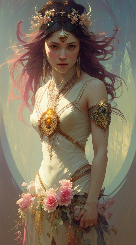 (symmetry: 1.1) (floral portrait: 1.05) a mulatto woman as a FAIRY OF THE FOREST, (assassins creed style: 0.8), pink and gold and opal color scheme, beautiful and intricate filegrid face painting, intricate, elegant, highly detailed, digital painting, art station, concept art, smooth, sharp focus, illustration, art by Greg Rutkowski and Alphonse Mucha, 8K