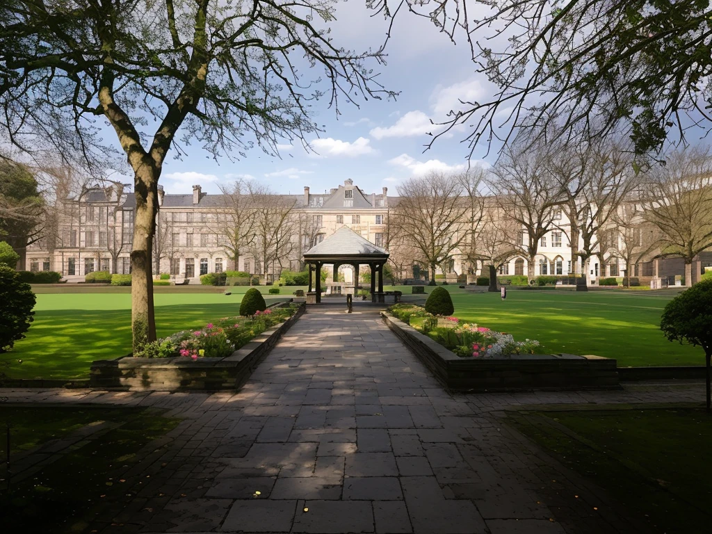 there is a walkway that leads to a building with a clock tower, a middle-shot from front, front photo, hull, warm sunlight shining in, green square, a long-shot from front, park on a bright sunny day, sunken square, ground view, front facing, royal garden landscape, pavilion, proud looking, by Helen Stevenson
