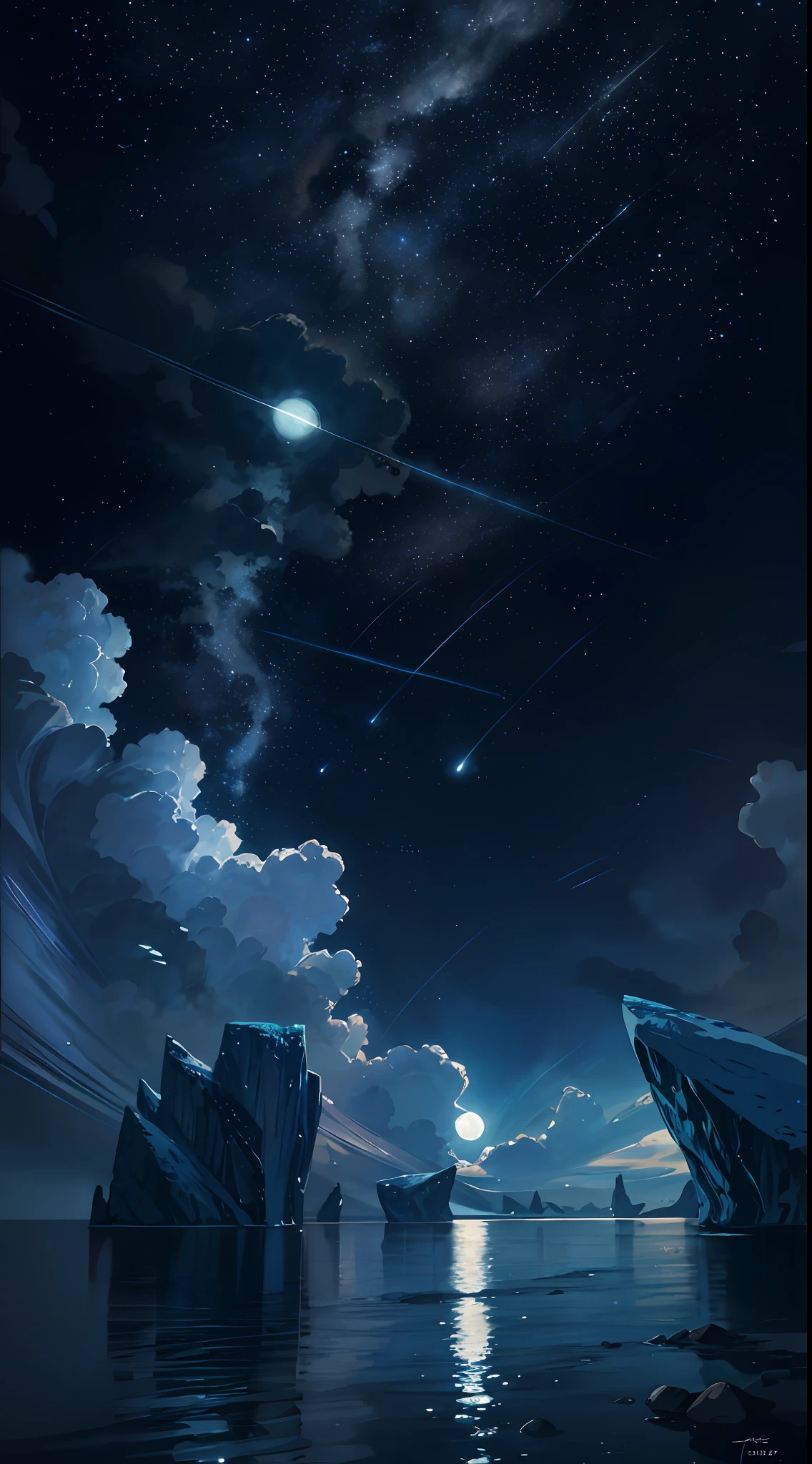 A painting of stars and moons in the river and sky, concept art inspired by Tosa Mitsuoki, pixiv competition winner, best quality, fantasy art, beautiful anime scenes, a round of bright moon, starry sky environment under moonlight, icebergs floating in the sea, aurora, dream painting, anime background art, dream landscape art, fantastic night, anime background, background artwork, fantastic art, starry sky, detail enhancement.