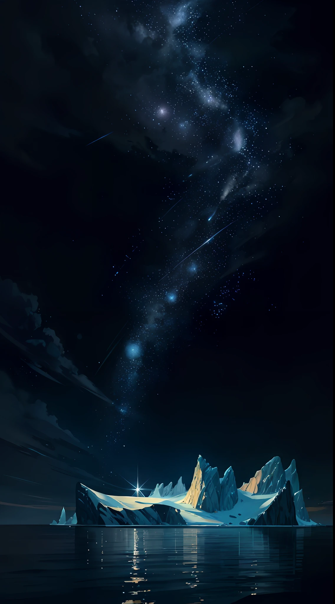 A painting of stars and moons in the river and sky, concept art inspired by Tosa Mitsuoki, pixiv competition winner, best quality, fantasy art, beautiful anime scenes, a round of bright moon, starry sky environment under moonlight, icebergs floating in the sea, aurora, dream painting, anime background art, dream landscape art, fantastic night, anime background, background artwork, fantastic art, starry sky, detail enhancement.