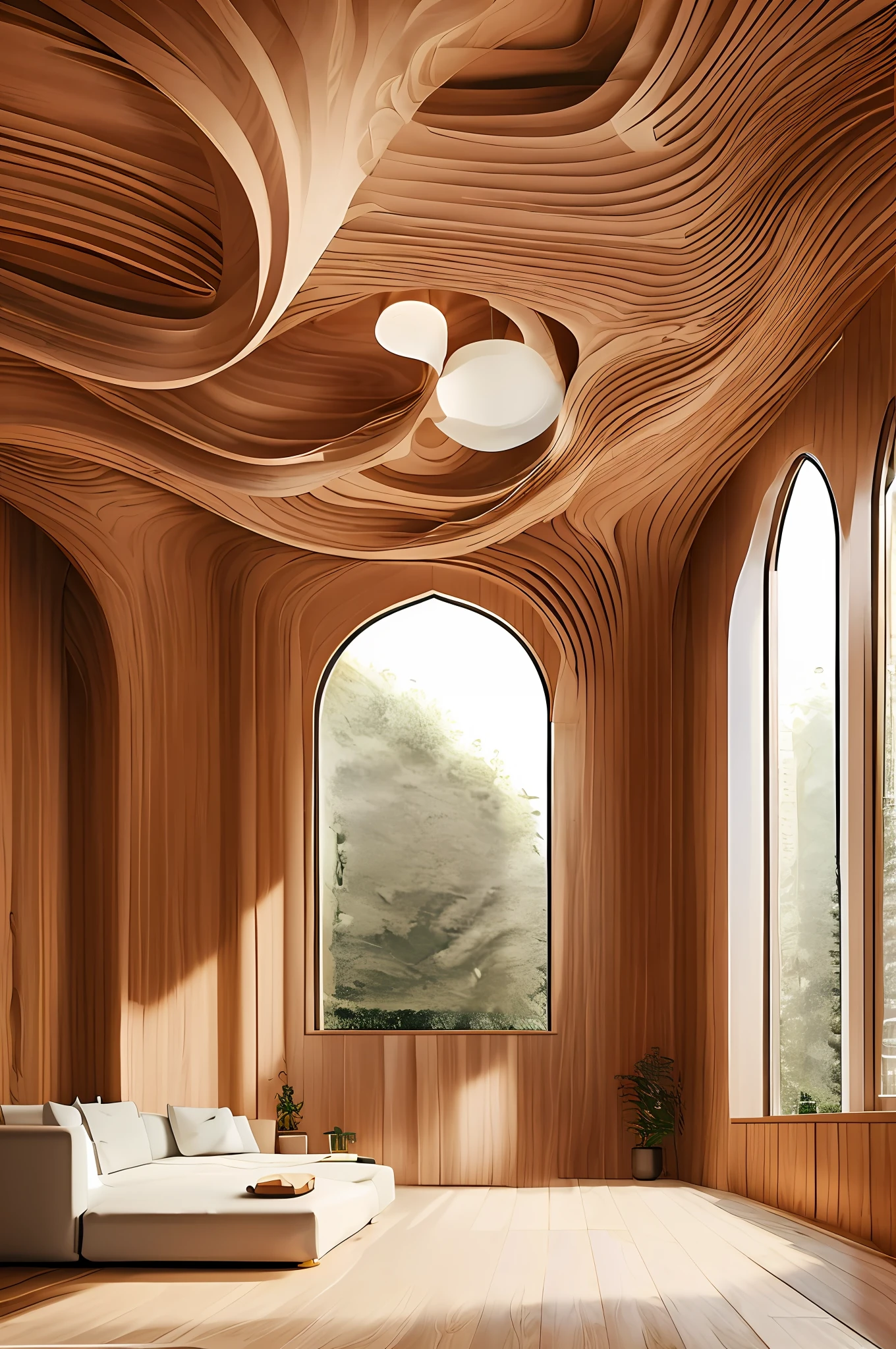 great hall with wooden waving ceiling, (photo realistic:1.2)