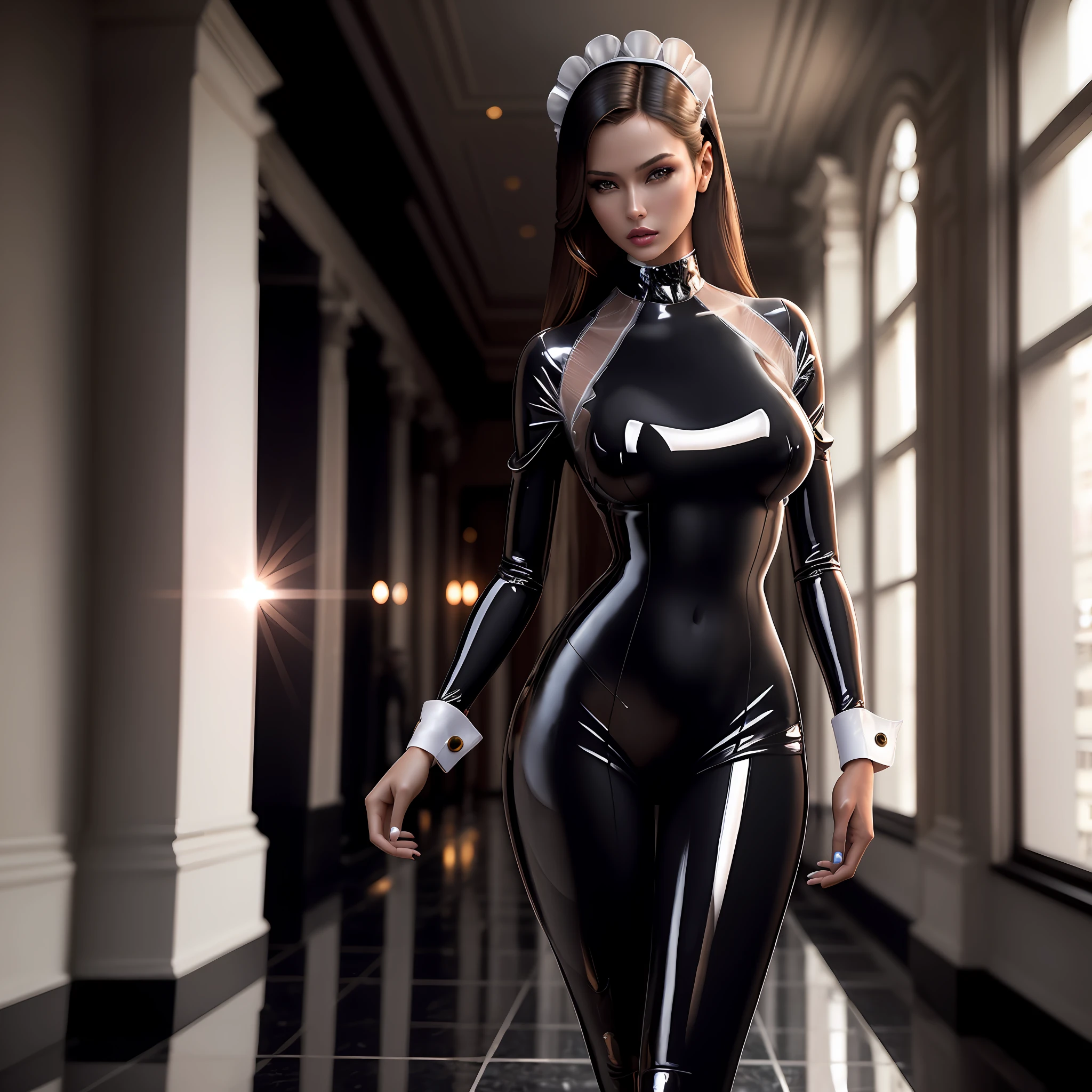 Photo of supermodel woman in completely transparent latex maid costume, masterpiece, incredible details, perfect lighting, professional photo shoot, perfect face