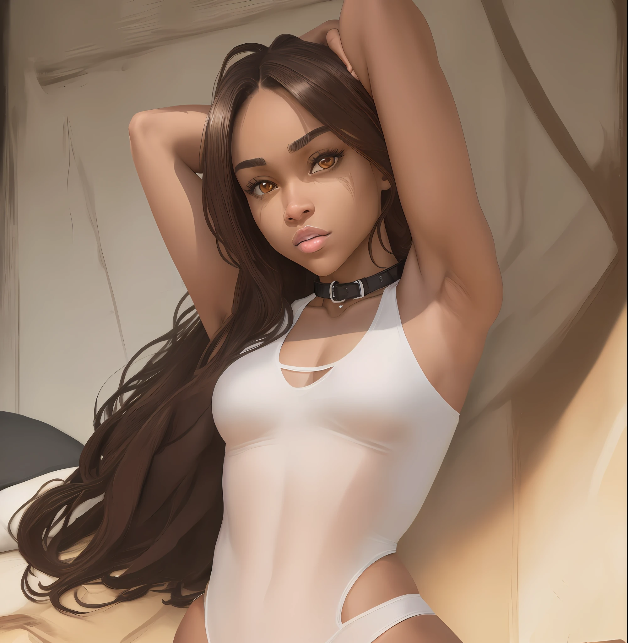 "Complete artwork masterpiece, high quality, ultra detailed in 4k, 8k, high resolution, hyper-realistic photo, hyper-detailed, realistic skin texture, amazing shadows, background, extremely detailed texture, perfect lighting, high-level image quality." The female protagonist of a ecchi game, brown skin, Full body, Black sports top, wearing white one piece lingerie, brown eyes, defined face, small breasts, collar, use reference picture as role model, armpit, arms up tied in bed