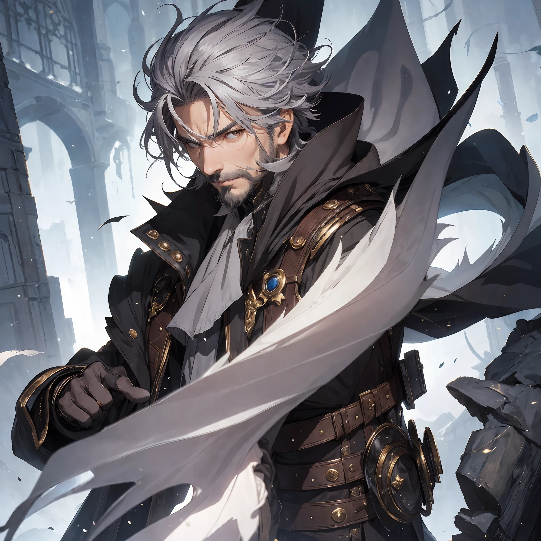 masterpiece, best quality, 1man, elder, male, fantasy, coat, gentlemen, gray hair, facial hair, male focus, solo, vibrant brown eyes, gloves, looking at viewer, cape, coat, closed mouth, Highly detailed, shadowverse style