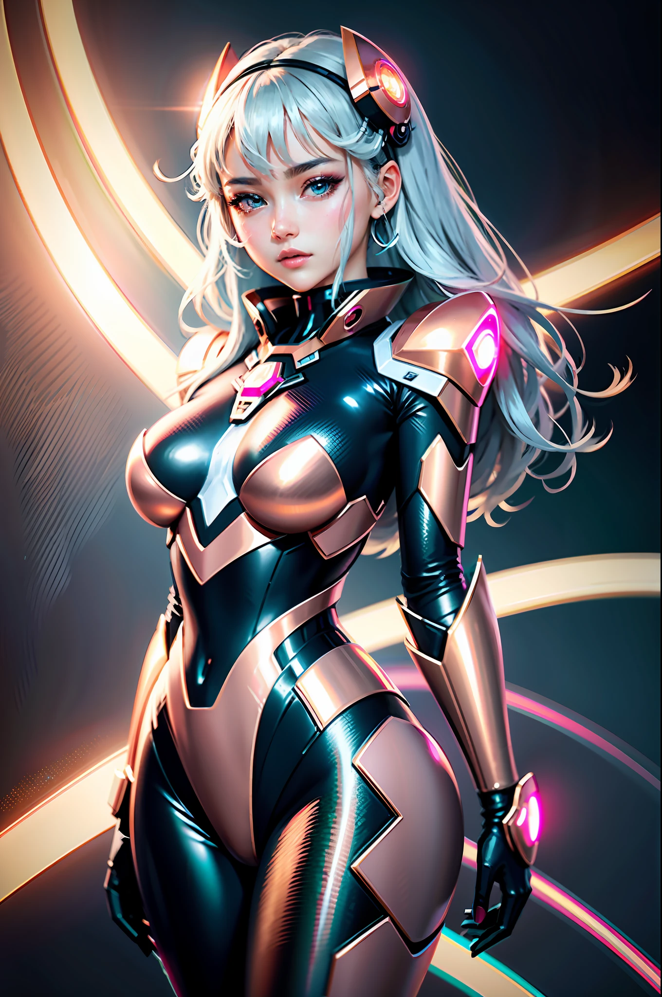 A beautiful anime girl in a rose gold and silver futuristic mecha suit with the quality of a surrealist masterpiece. She has a delicate angelic face and devilish curves that shine in realistic lighting, pink neons, teal neons, fashion portrait, gradient background, aurora borealis, best quality, 8k, cinematic, incredible details, incredible skin, polish