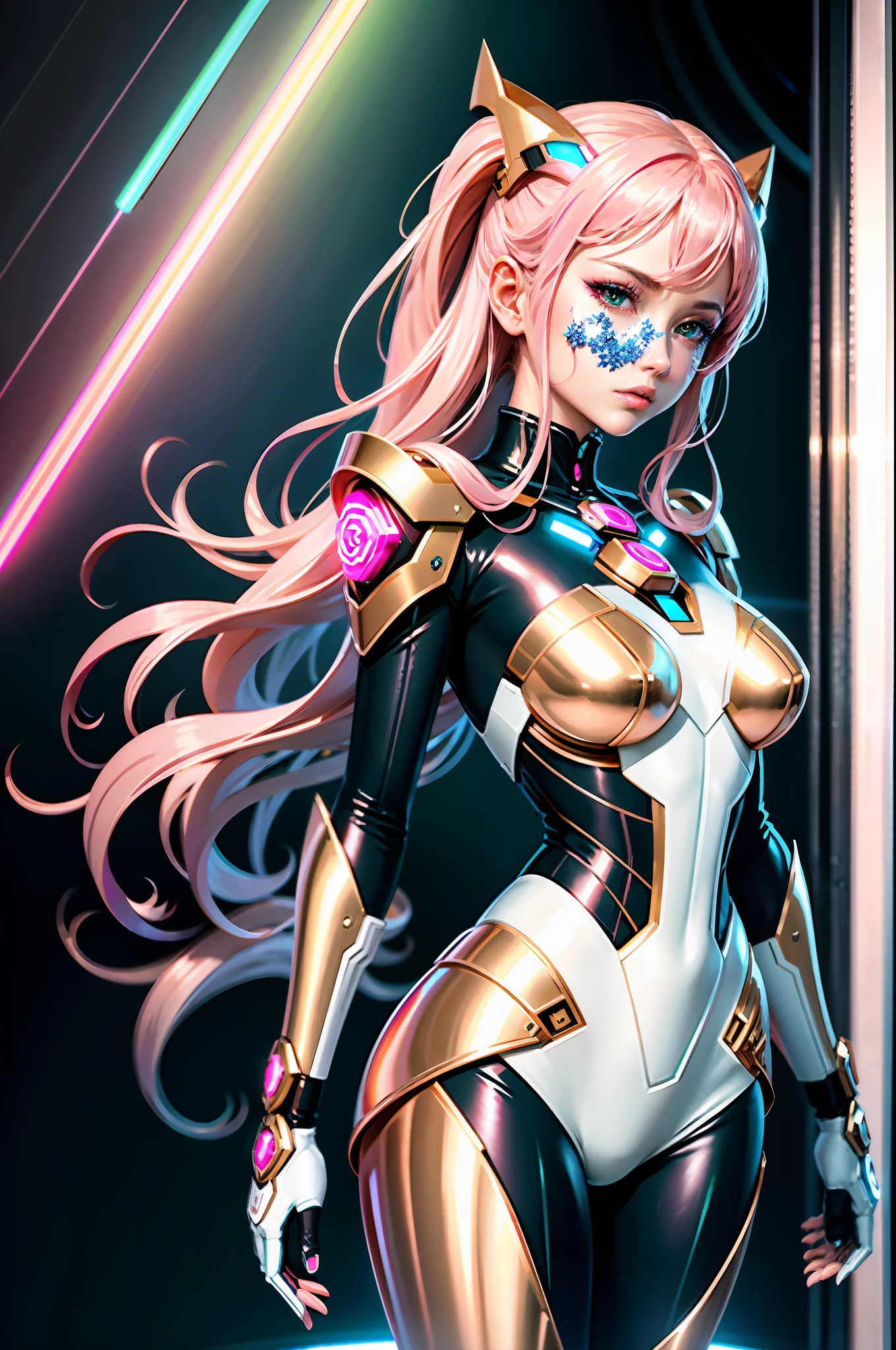 A beautiful anime girl in a rose gold and silver futuristic mecha suit with the quality of a surrealist masterpiece. She has a delicate angelic face and devilish curves that shine in realistic lighting, pink neons, teal neons, fashion portrait, gradient background, aurora borealis, best quality, 8k, cinematic, incredible details, incredible skin, polish