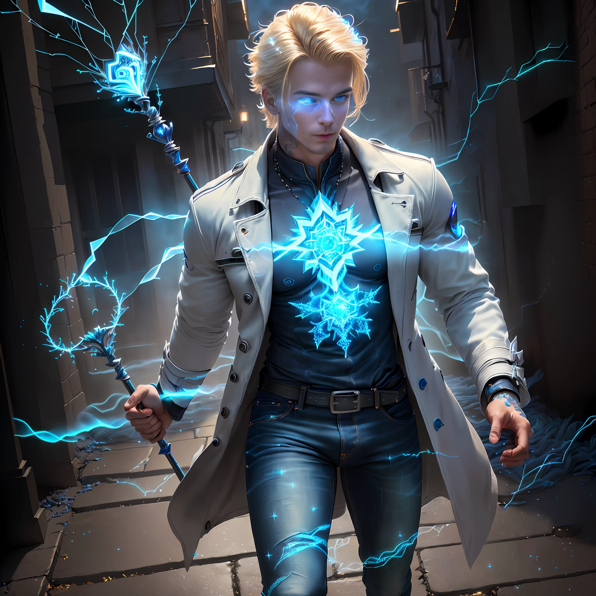 8k hyper realistic octane render, precise correct anatomy, aesthetic, digital illustration, high resolution, (A highly detailed portrait of a young man:1.4), ( blue jeans:1.3), (wearing billowing white trenchcoat:1.3), silver jewelry:1.3, (blond hair:1.3), (holding staff:1.2), (in dark alley, nighttime, dim light:1.3), battle stance, hyper detailed, digital art, studio quality, smooth render, unreal engine 5 render, octane render, 8K, particle effects, (glow around body:1.3), (floating ash and sparks), (glowing blue tattoos:1.2), (fractal art:1.4), (tangle, entangle), mandala, (energy swirling around him), (sparkling blue fog:1.4)