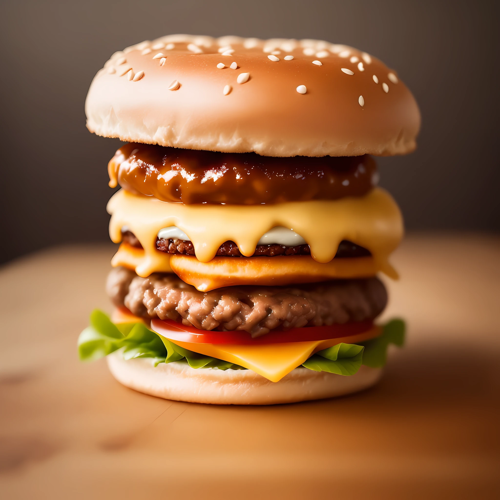 Masterpiece:1.3) hamburger on wooden table, soft light professional (best_quality:1.3), (ultra_detailed:1.3)