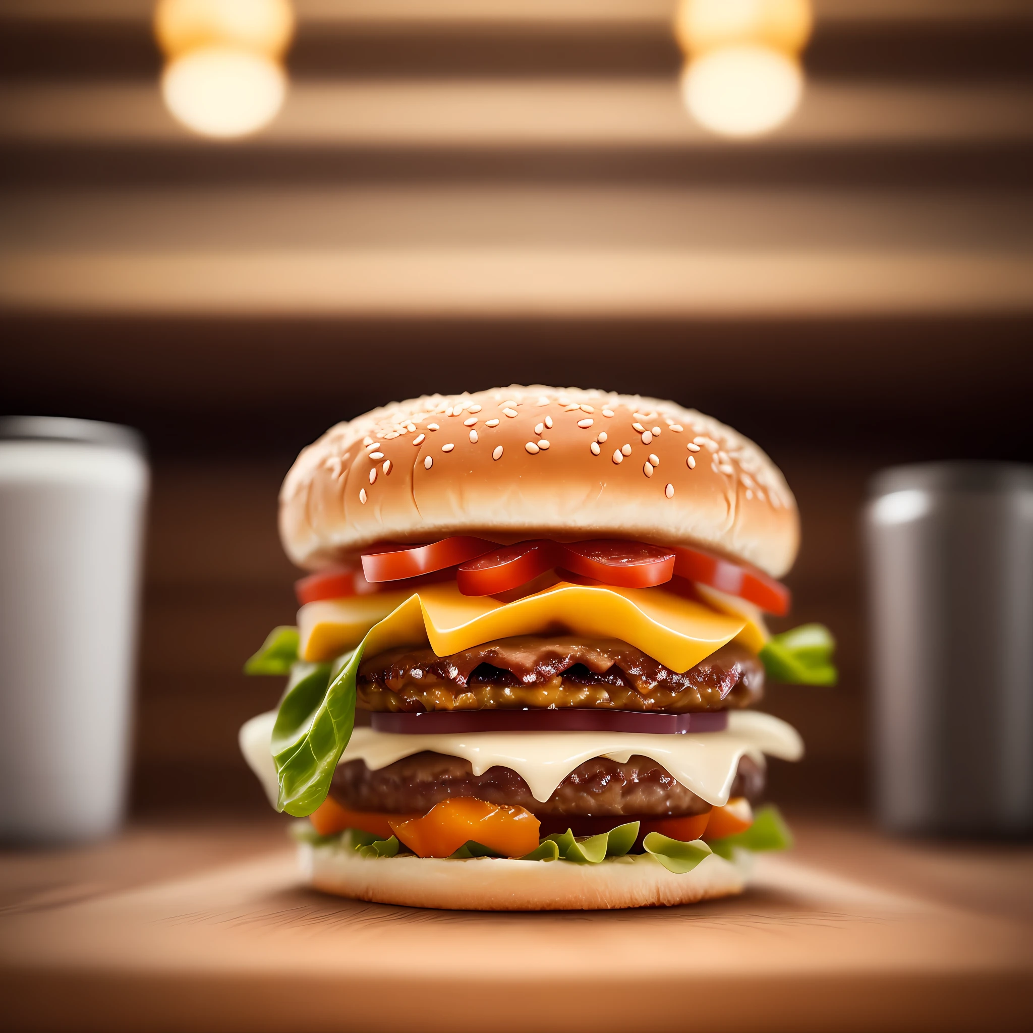Masterpiece:1.3) hamburger on wooden table, soft light professional (best_quality:1.3), (ultra_detailed:1.3)