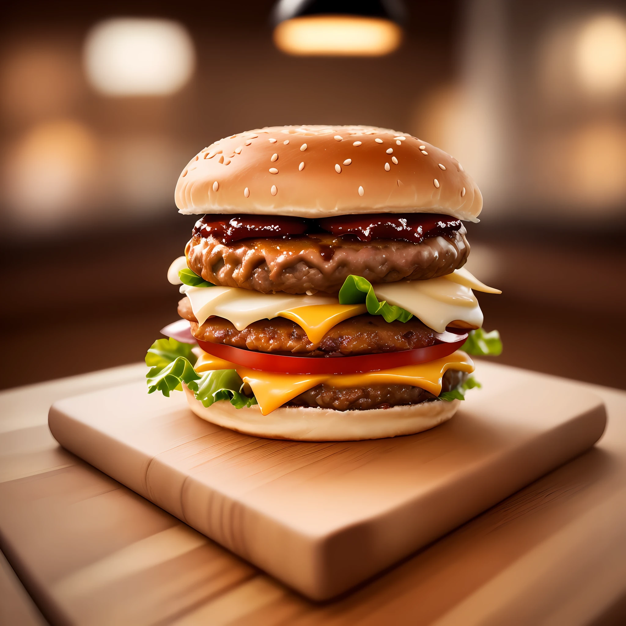 Masterpiece:1.3) hamburger on wooden table, soft light professional (best_quality:1.3), (ultra_detailed:1.3)