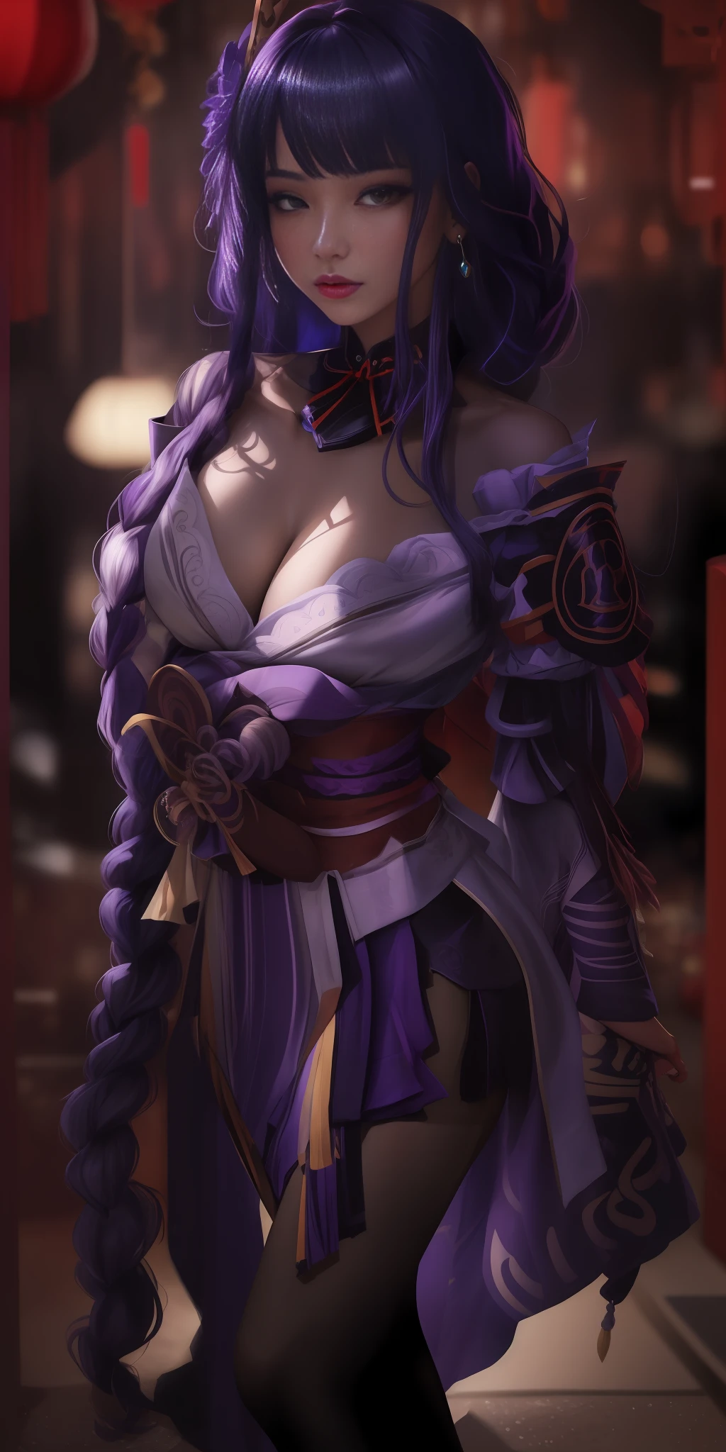 masterpiece, best quality, ultra high res,photon mapping,best shadow,portrait,beauty detail,ultra high detail,long purple hair,single braid,blunt bangs,medium breasts,city,chinatown,downtown,see through, short dress, low cut:2, hair ornament, earrings, necklace, portrait, silver dress:2, looking at viewer,solo,professional light, detailed skin,