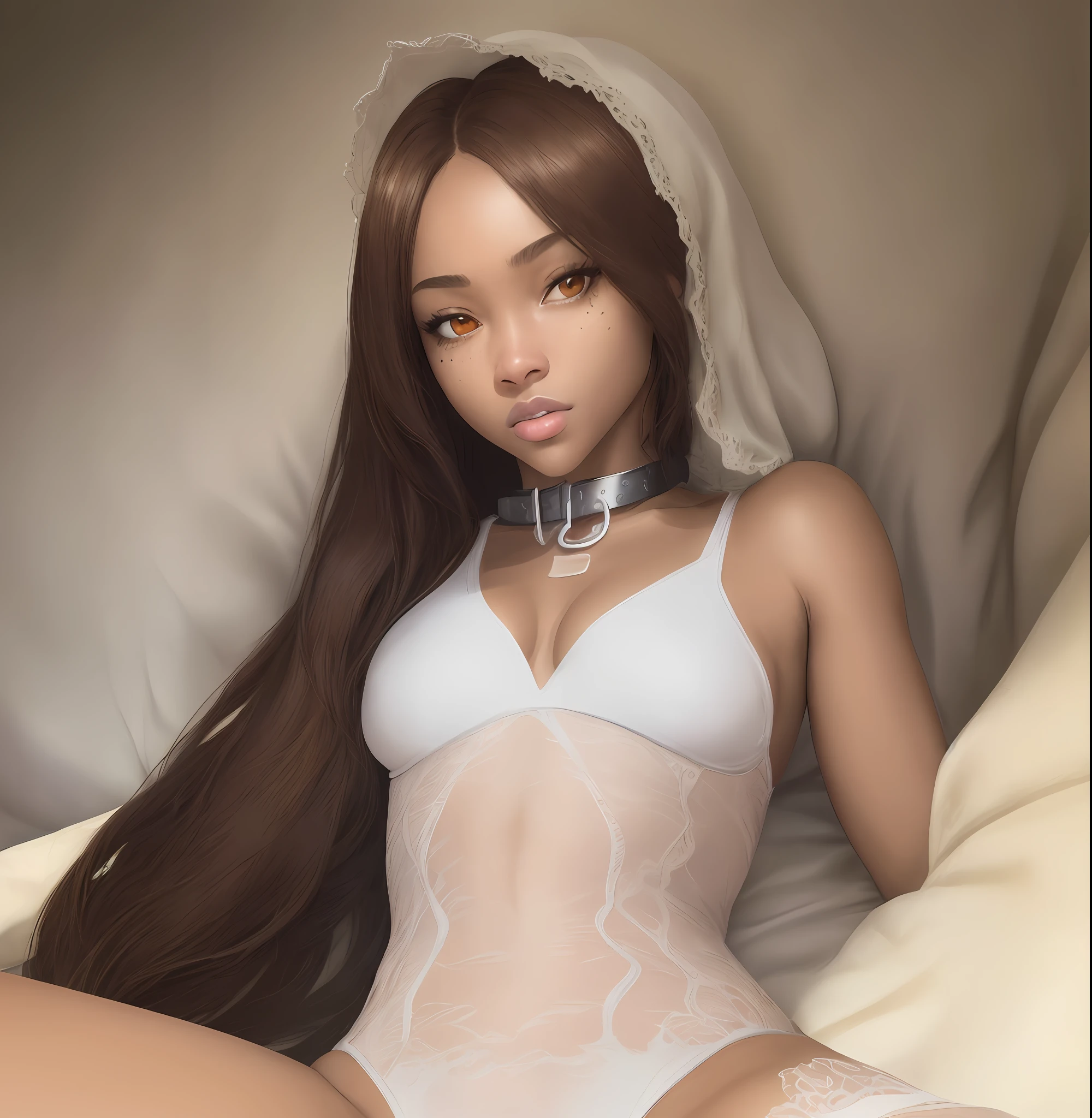 "Complete artwork masterpiece, high quality, ultra detailed in 4k, 8k, high resolution, hyper-realistic photo, hyper-detailed, realistic skin texture, amazing shadows, background, extremely detailed texture, perfect lighting, high-level image quality." The female protagonist of a ecchi game, brown skin, Full body, wearing white one piece lingerie, brown eyes, defined face, small breasts, collar, use reference picture as role model, tied in bed, spreading legs