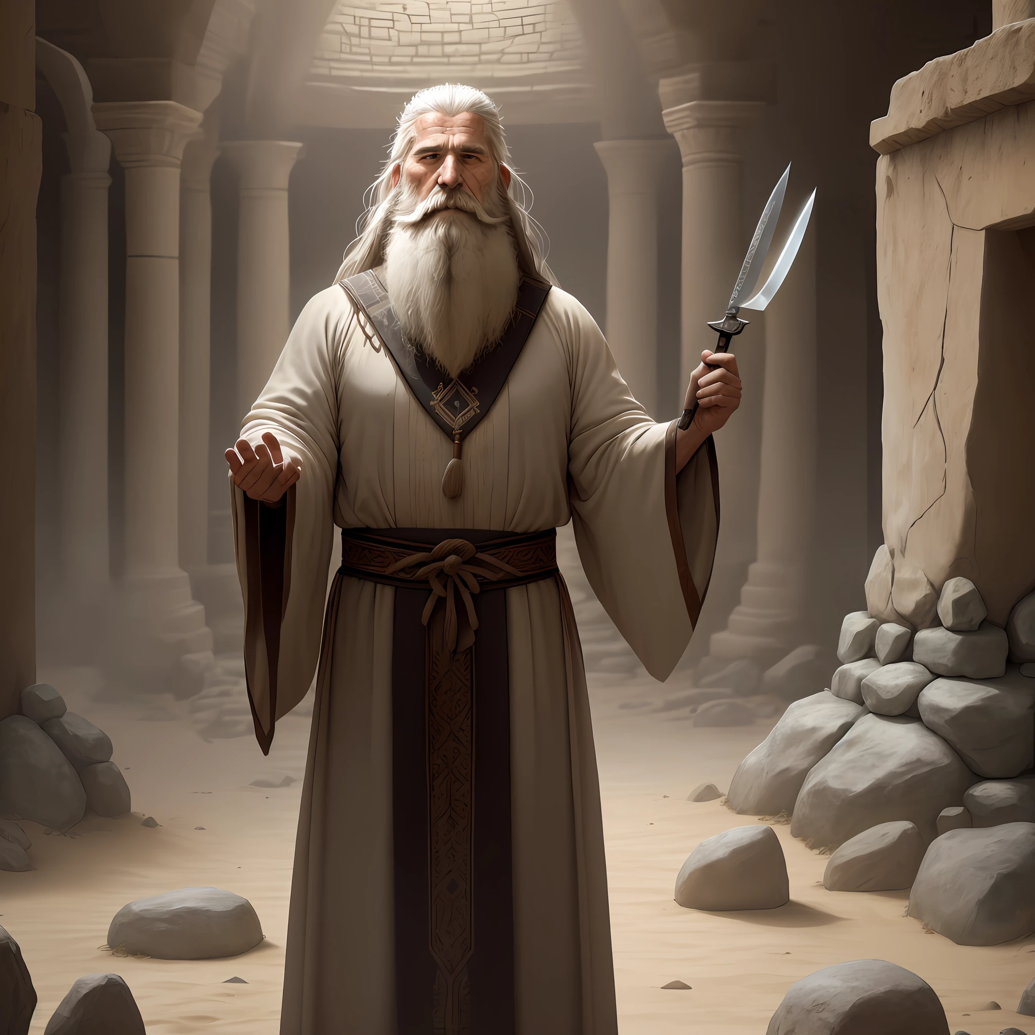 a rustic altar made of stacked stones, erected in a desolate and barren place. The altar occupies the center of the scene, representing the sacred place where the sacrifice is about to take place. The altar stones are irregular and weathered, evoking a sense of antiquity and sacredness.
Beside the altar stands an old man with a long beard and gray hair, dressed in tunics that flow in the wind. His posture is solemn and reverent, demonstrating his spiritual dedication. The elder is identified as Abraham, the biblical patriarch, and holds a sharp knife in his hands, ready to perform the act of sacrifice. .(cinematic) (super realistic) (in 4k )