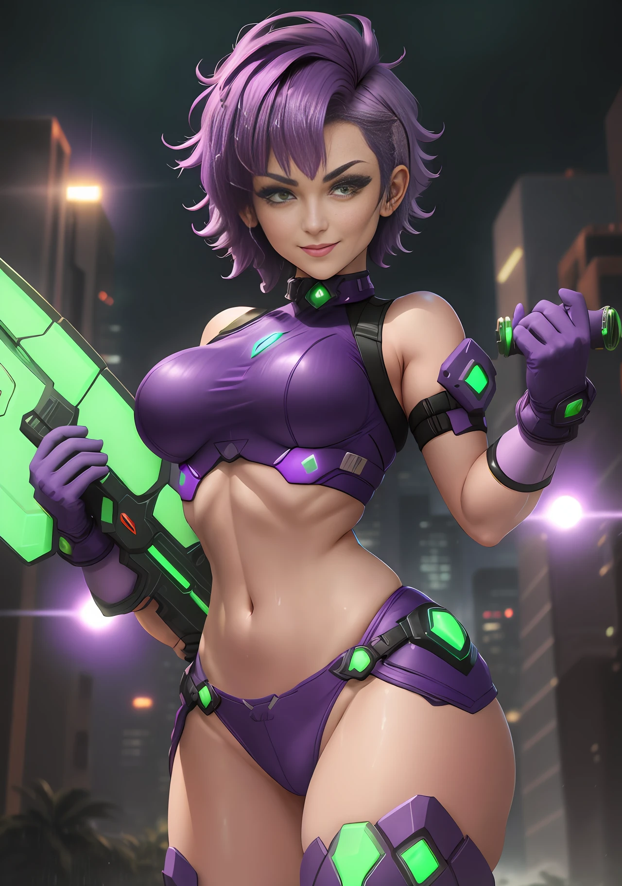 Image 16k, UHD, Super Metroid style, [Woman|maid| Samus Aran| Ninja], (((short purple hair)))), (((green eyes))), looking at the viewer, smile, holding futuristic weapons, futuristic city, heavy rain, wet body.
