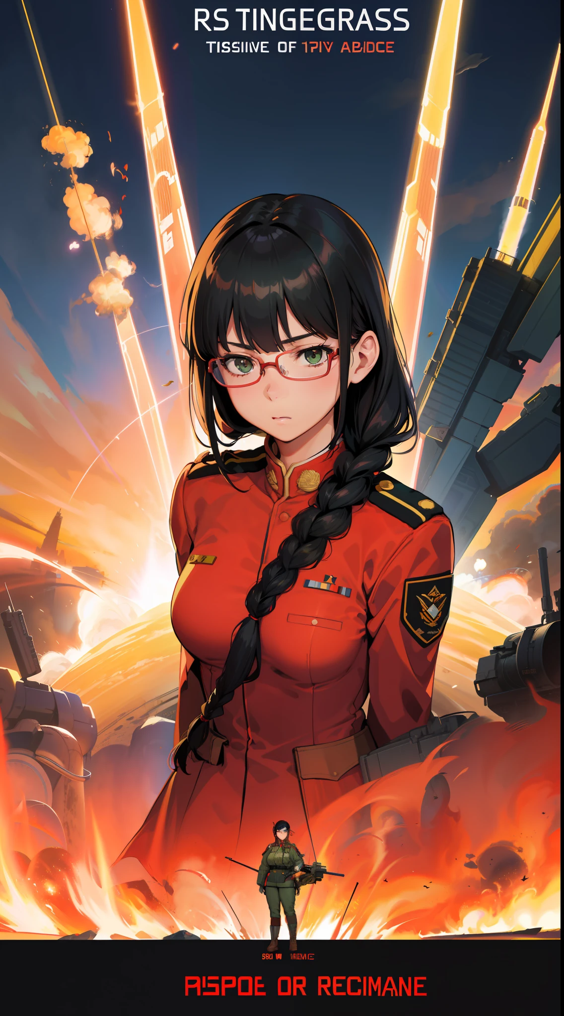 (Rendering of images as movie posters),Science fiction,Sci-fi,War,(Movie reference) Foundations),Most realistic resolution,Atmospheric poster background,Realistic face details,Most realistic,Serious face,Full body standing,(wearing German World War II general uniform in red),Woman,(Adult),Age 28,Small breasts,Skinny,Green eyes,Black hair,Two braided hairstyles,bangs,Red glasses,Fighter,Military,Air Force,Army greatness