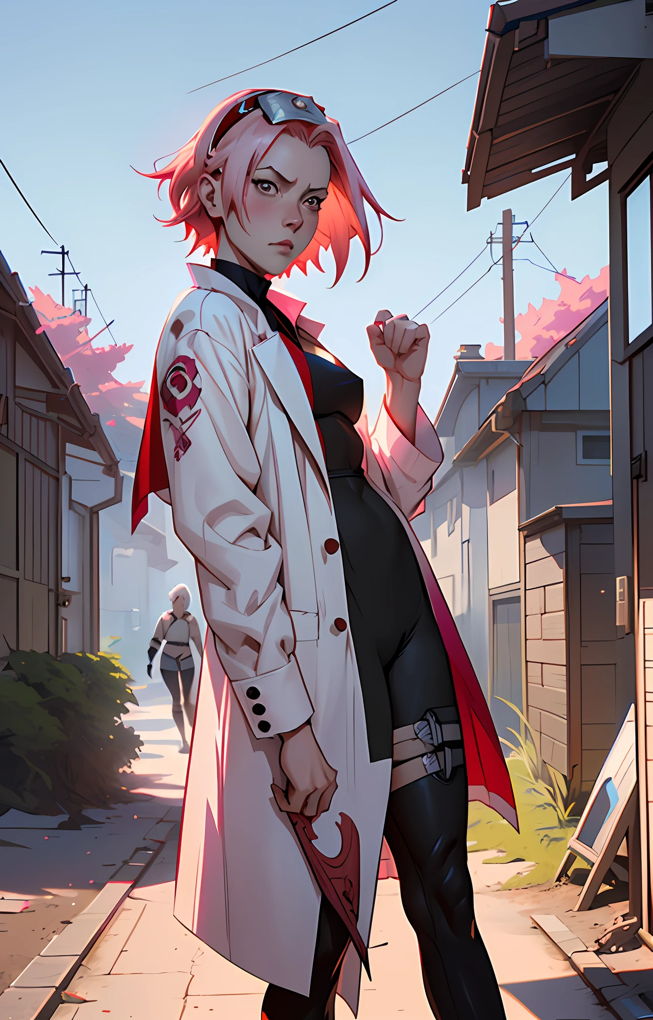 Sakura haruno, seductive, ((forehead the show)), attractive, thin, white overcoat, red bandana, red blouse, pink hair, delicate, young, short hair, detailed face, brave, in a village, high definition, full body, from League of Legends, trend in artstation, by rhads, andreas rocha, rossdraws, makoto shinkai, laurie greasley, lois van baarle, ilya kuvshinov and greg rutkowski