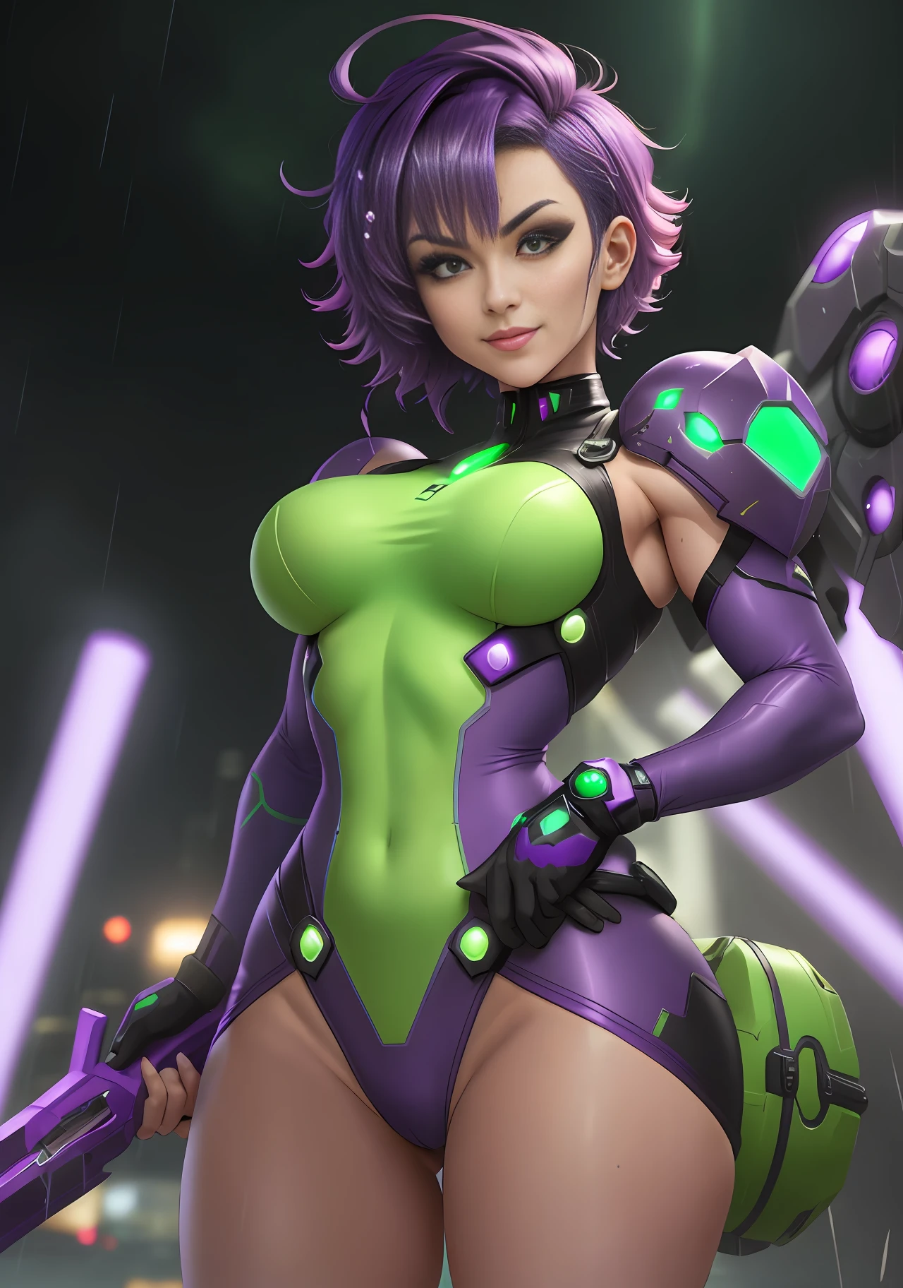 Image 16k, UHD, Super Metroid style, [Woman|maid| Samus Aran| Ninja], (((short purple hair)))), (((green eyes))), looking at the viewer, smile, holding futuristic weapons, futuristic city, heavy rain, wet body.