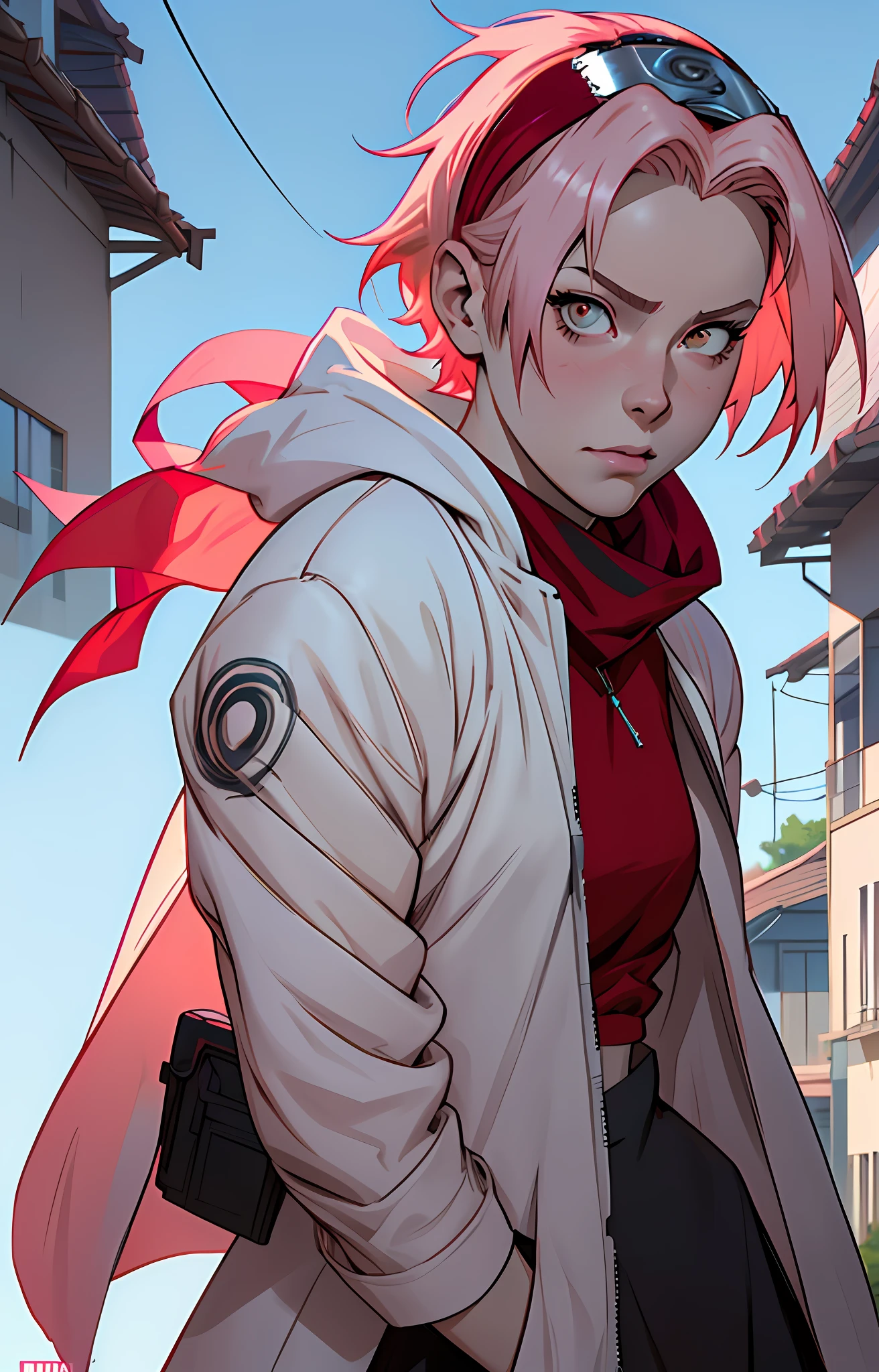 Sakura haruno, seductive, ((forehead the show)), attractive, thin, white overcoat, red bandana, red blouse, pink hair, delicate, young, short hair, detailed face, brave, in a village, high definition, full body, from League of Legends, trend in artstation, by rhads, andreas rocha, rossdraws, makoto shinkai, laurie greasley, lois van baarle, ilya kuvshinov and greg rutkowski