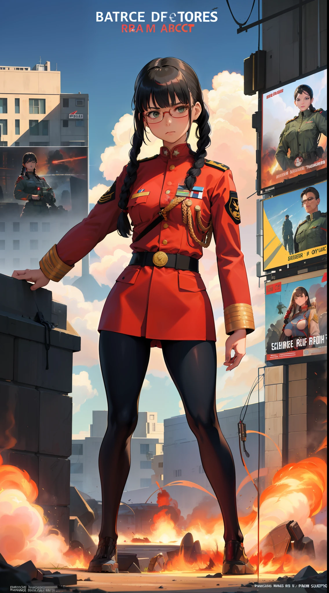 (Rendering of images as movie posters),Science fiction,Sci-fi,War,(Movie reference) Foundations),Most realistic resolution,Atmospheric poster background,Realistic face details,Most realistic,Serious face,Full body standing,(wearing German World War II general uniform in red),Woman,(Adult),Age 28,Small breasts,Skinny,Green eyes,Black hair,Two braided hairstyles,bangs,Red glasses,Fighter,Military,Air Force,Army greatness