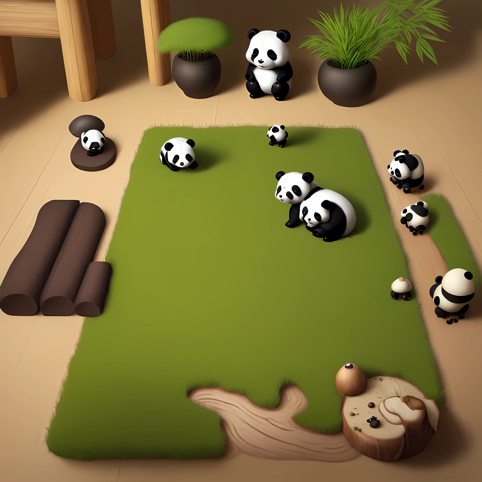Panda, reeds, bamboo, mushrooms, ants