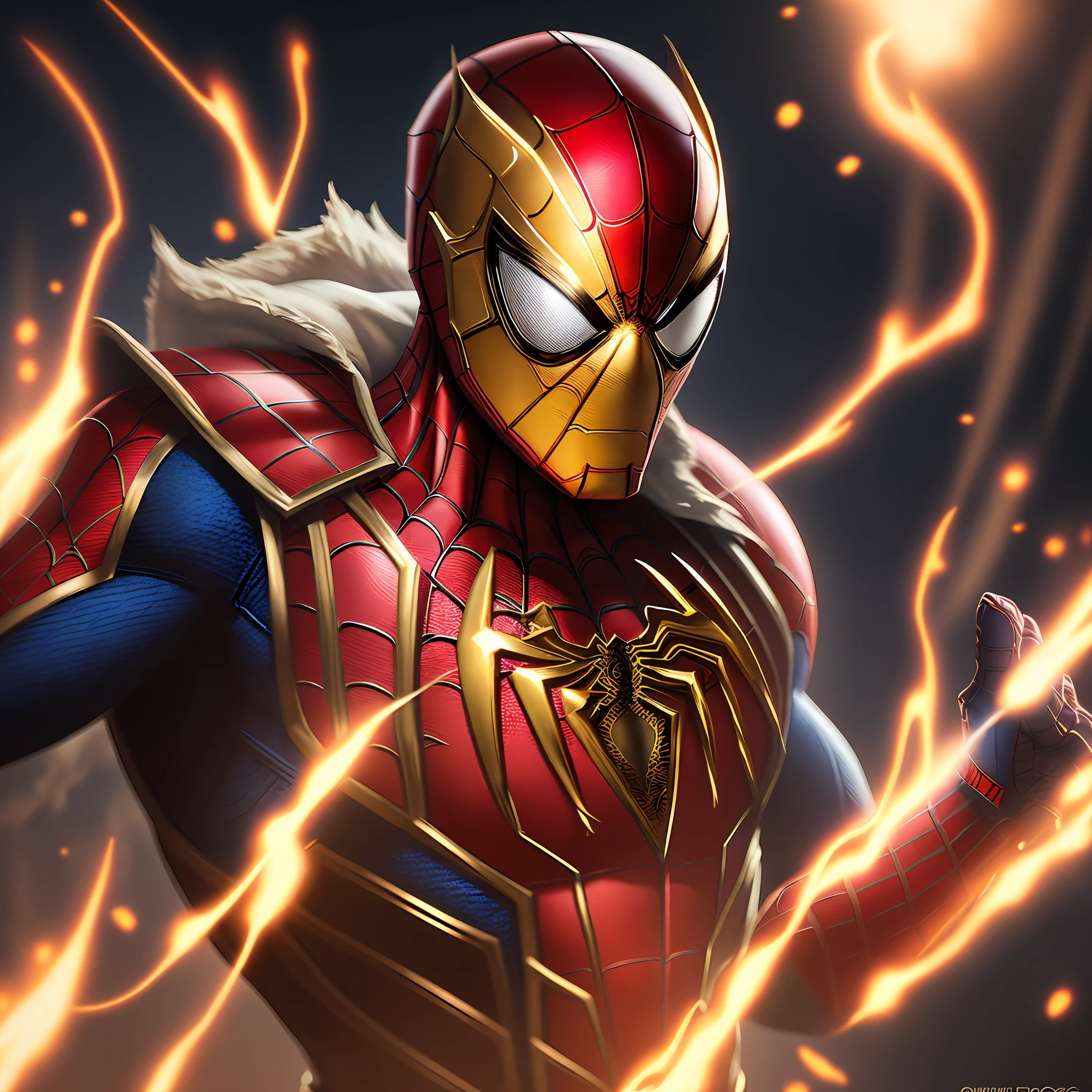 Spiderman, with gold armor, with fire web(high quality and realism) extremely detailed 4K