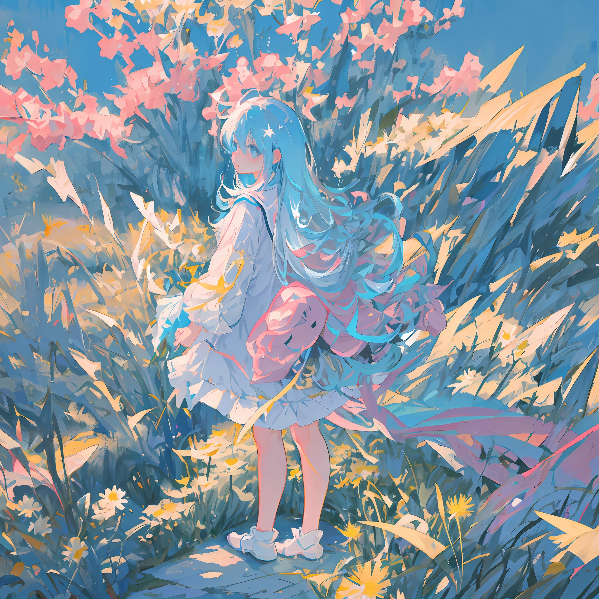 Masterpiece, best quality, a girl with long light blue hair, soft pink clothes, standing alone in a never ending dandelion field, far away view
