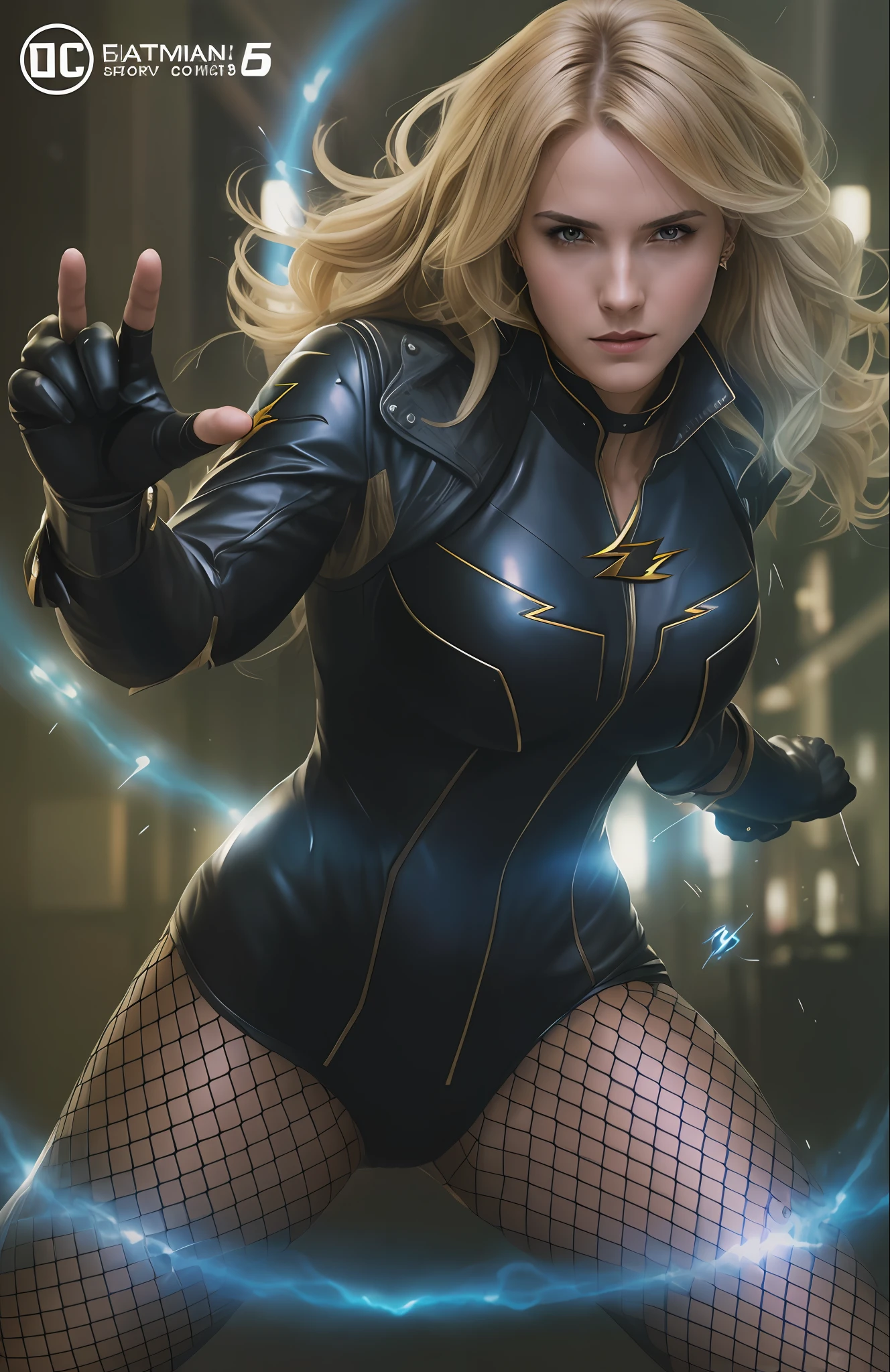 a woman in a black and blue outfit with a lightning effect, black canary, emma watson as black canary, extremely detailed artgerm, in the style artgerm, artgerm comic, chris moore. artgerm, artgerm greg rutkowski _ greg, artgerm style, in style of artgerm, artgerm julie bell beeple
