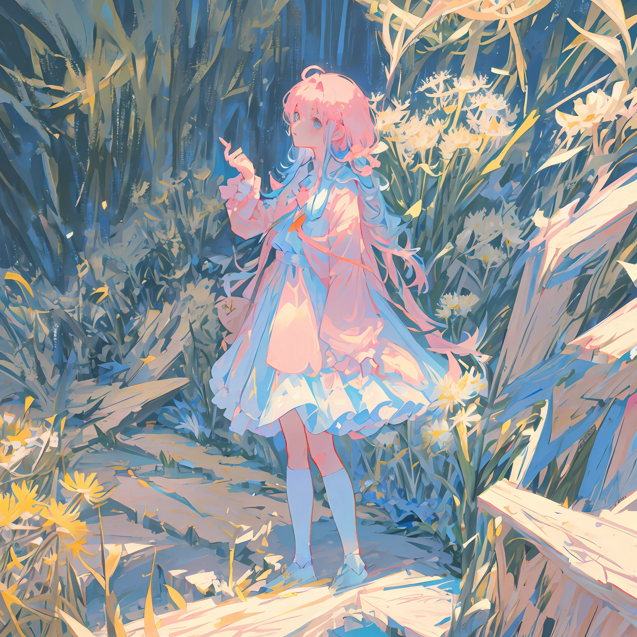 Masterpiece, best quality, a girl with long light blue hair, soft pink clothes, standing alone in a never ending dandelion field, far away view