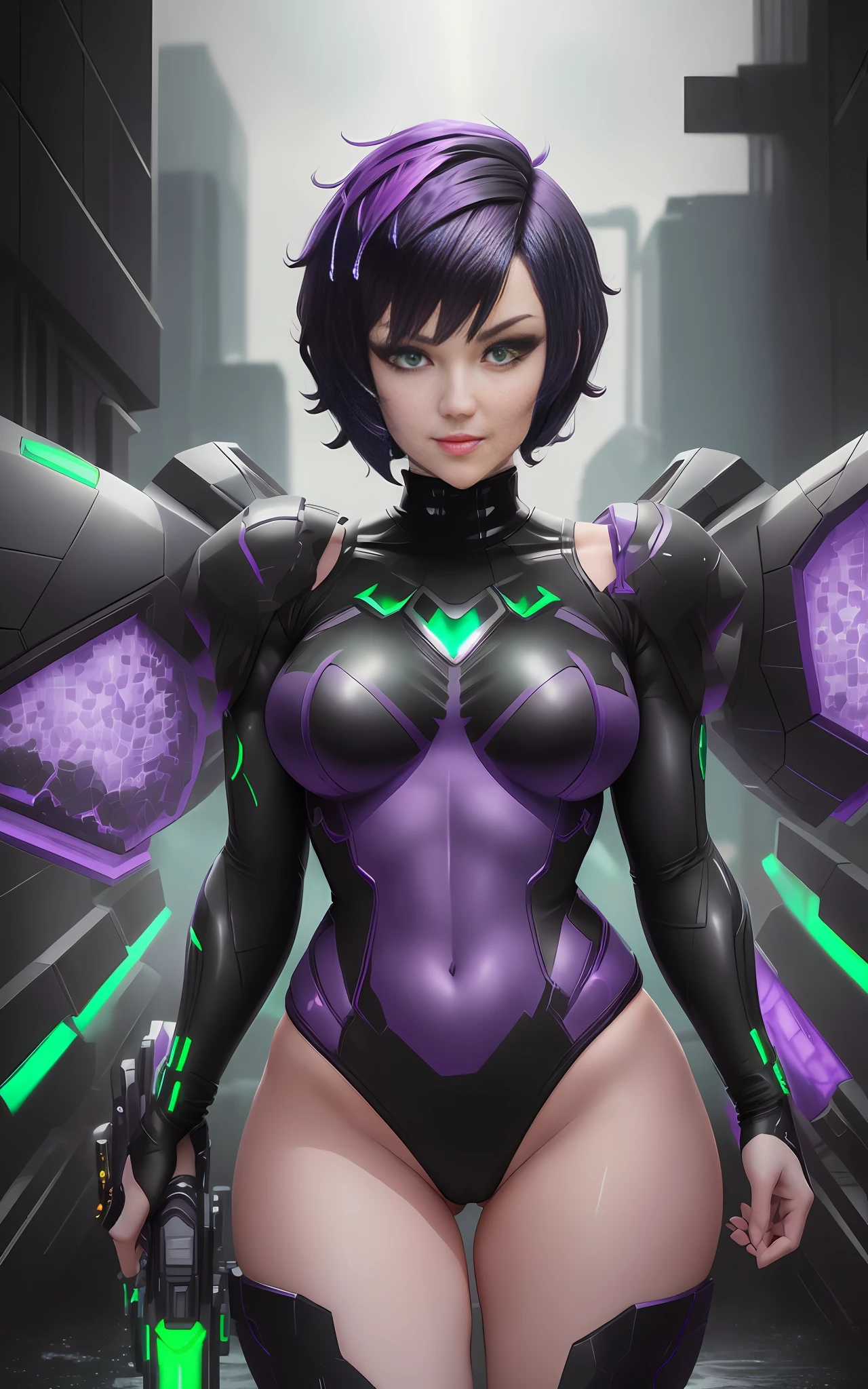 Image 16k, UHD, Super Metroid style, [Woman|maid| Samus Aran| Batman| Spider-Man],(((black clothing with white parts)))), (((short purple hair))), (((green eyes))), looking at the viewer, smile, holding futuristic weapons, futuristic city, heavy rain, wet body.