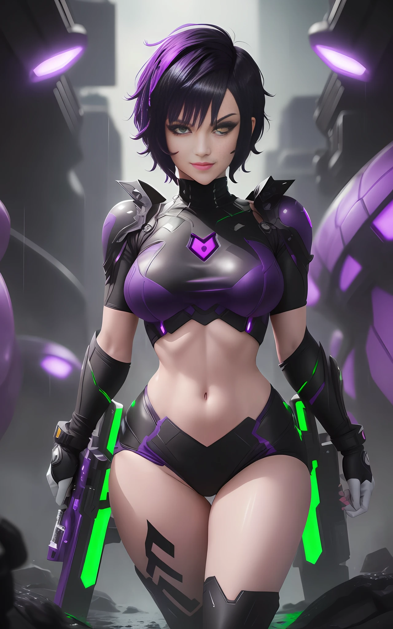 Image 16k, UHD, Super Metroid style, [Woman|maid| Samus Aran| Batman| Spider-Man],(((black clothing with white parts)))), (((short purple hair))), (((green eyes))), looking at the viewer, smile, holding futuristic weapons, futuristic city, heavy rain, wet body.