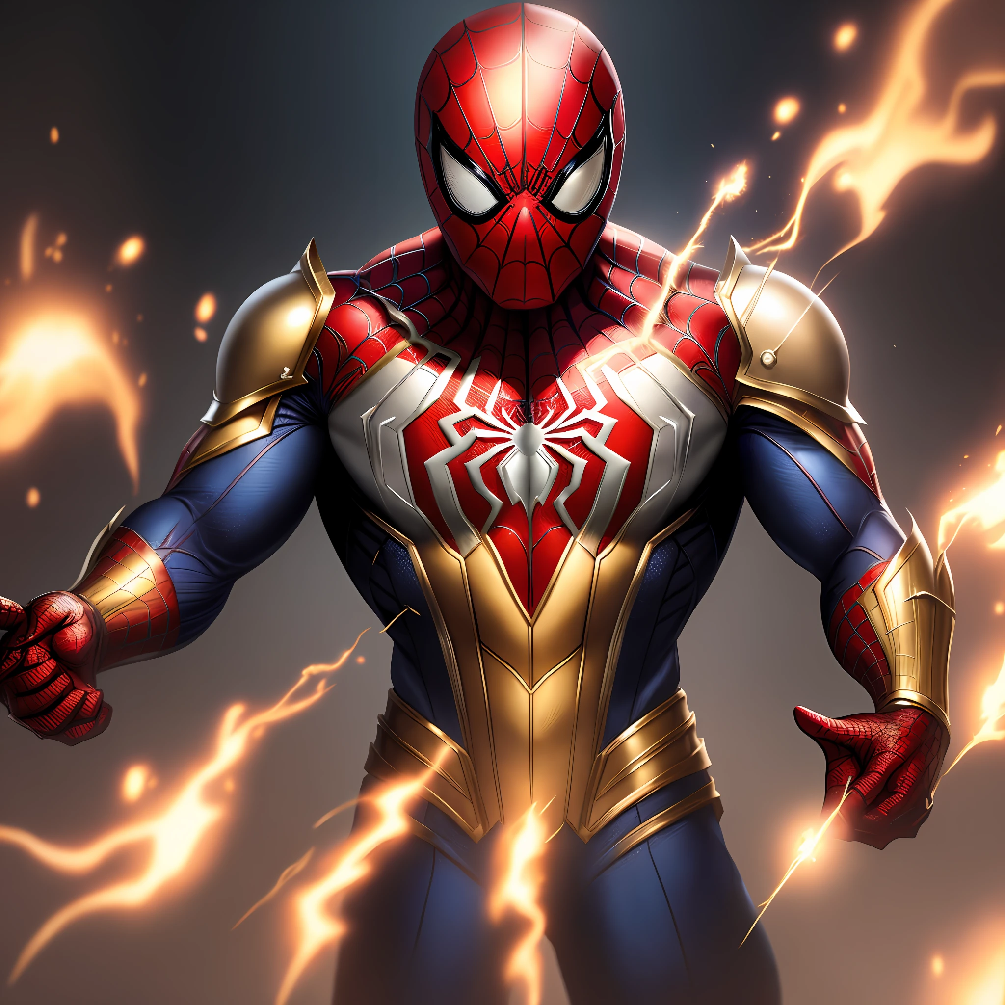 Spiderman, with gold and silver armor, with fire web (high quality and realism) extremely detailed 4K
