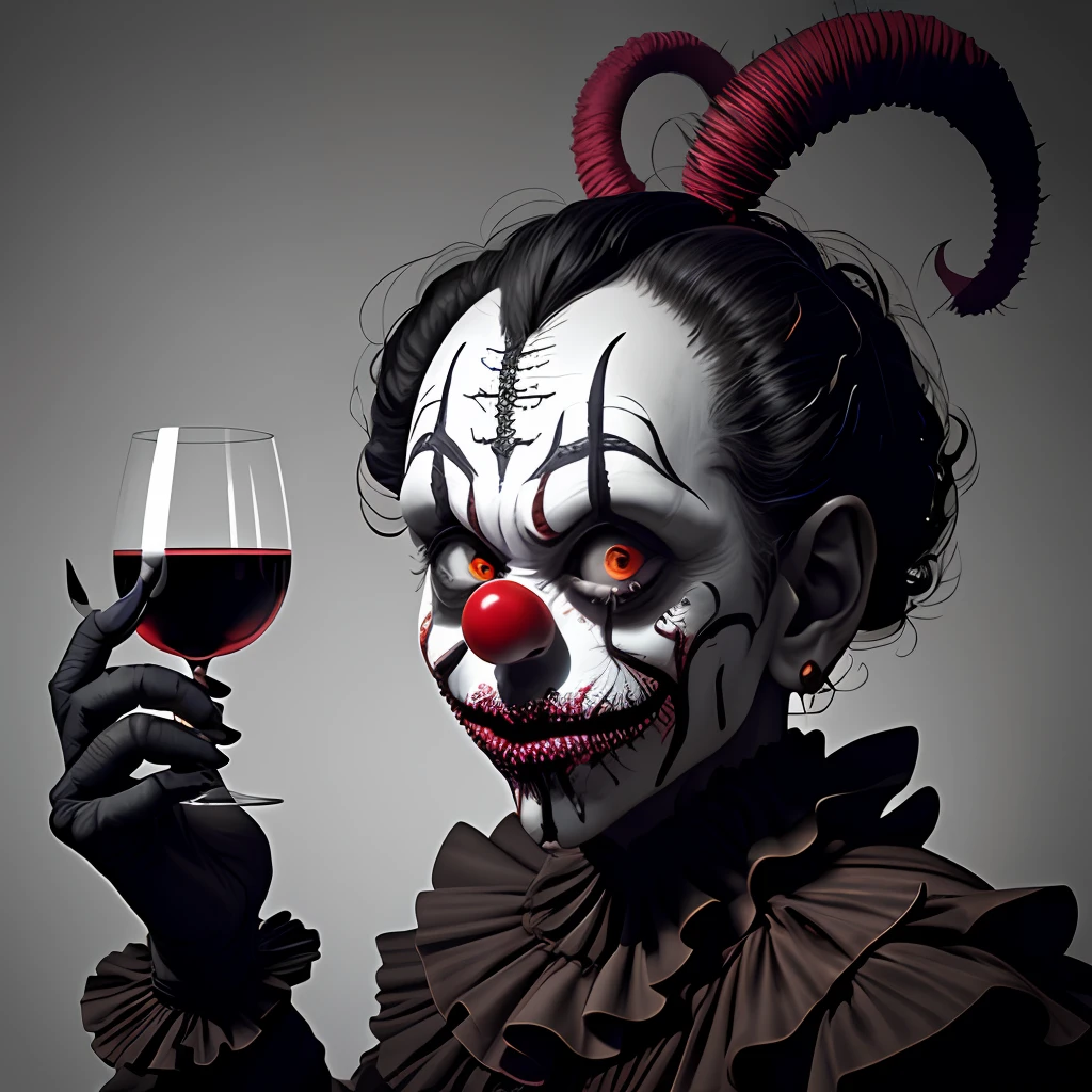 a creepy clown holding a glass of wine in his hand and looking at the camera with a creepy look on his face, Eddie Mendoza, dark fantasy art, a character portrait, gothic art, epic fantasy, concept art, detailed, photorealistic, 8k, character design, realistic