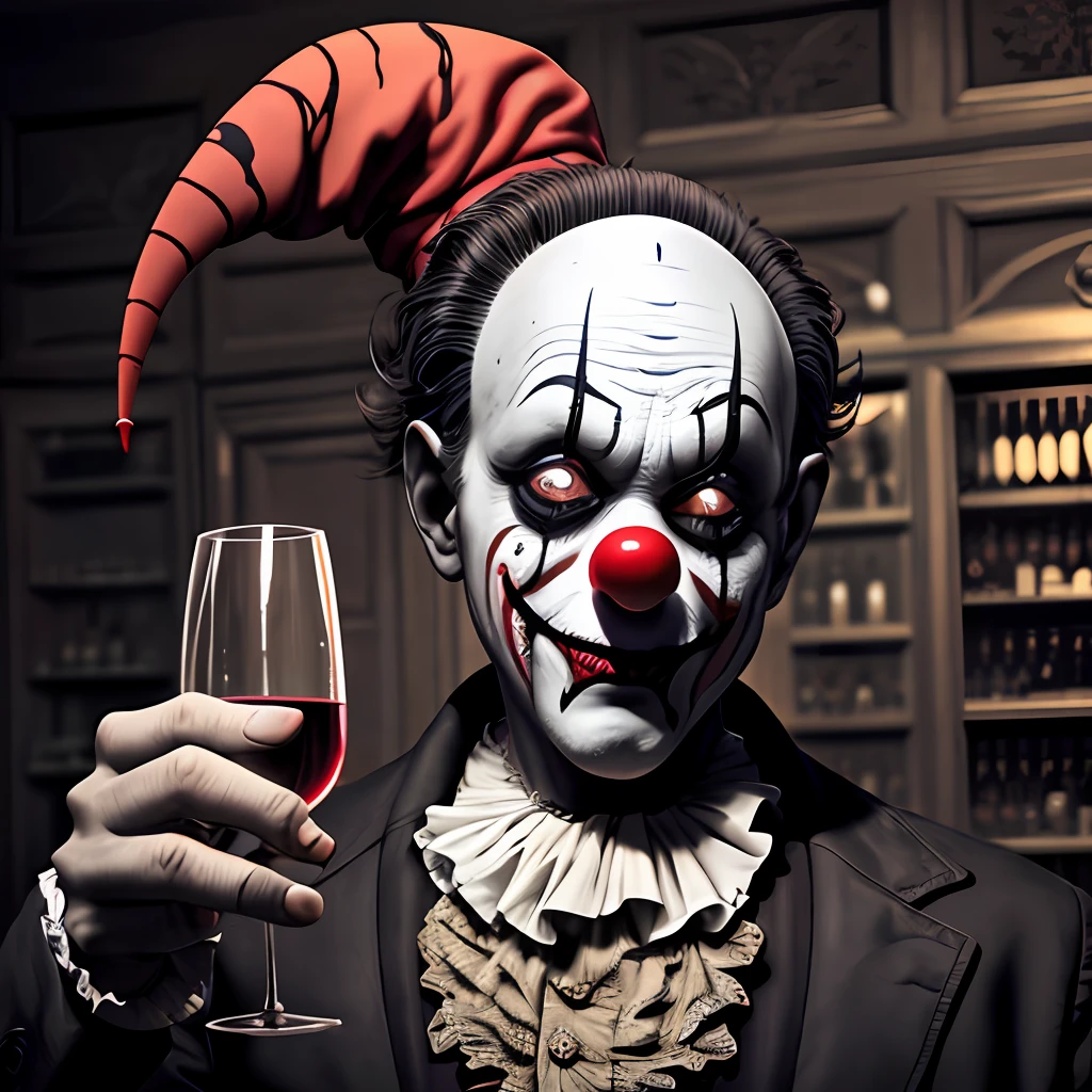 a creepy clown holding a glass of wine in his hand and looking at the camera with a creepy look on his face, Eddie Mendoza, dark fantasy art, a character portrait, gothic art, epic fantasy, concept art, detailed, photorealistic, 8k, character design, realistic