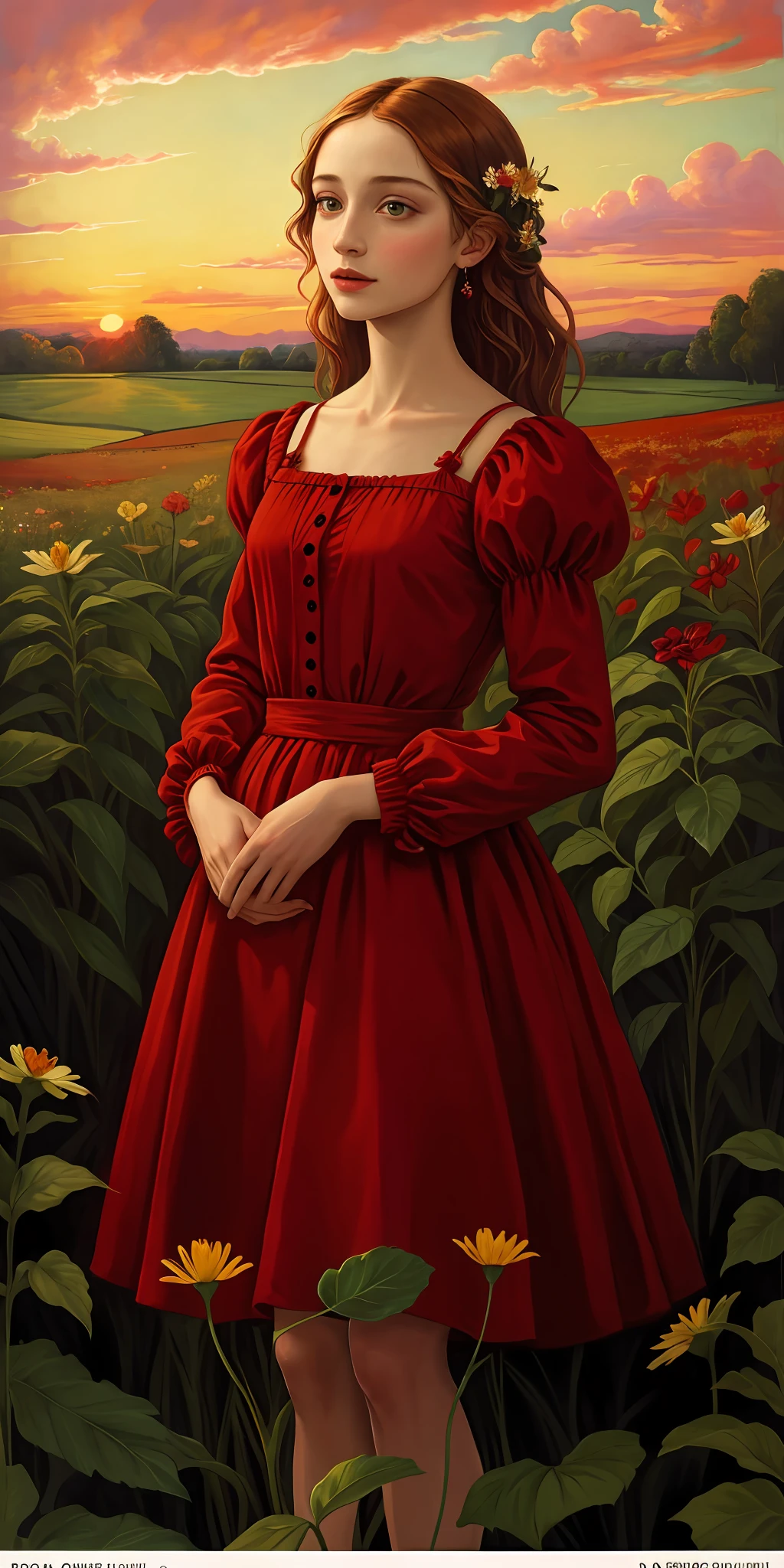 renaissance painting of 1 woman in a field of green plants and flowers, red dress, sunset, warm lighting