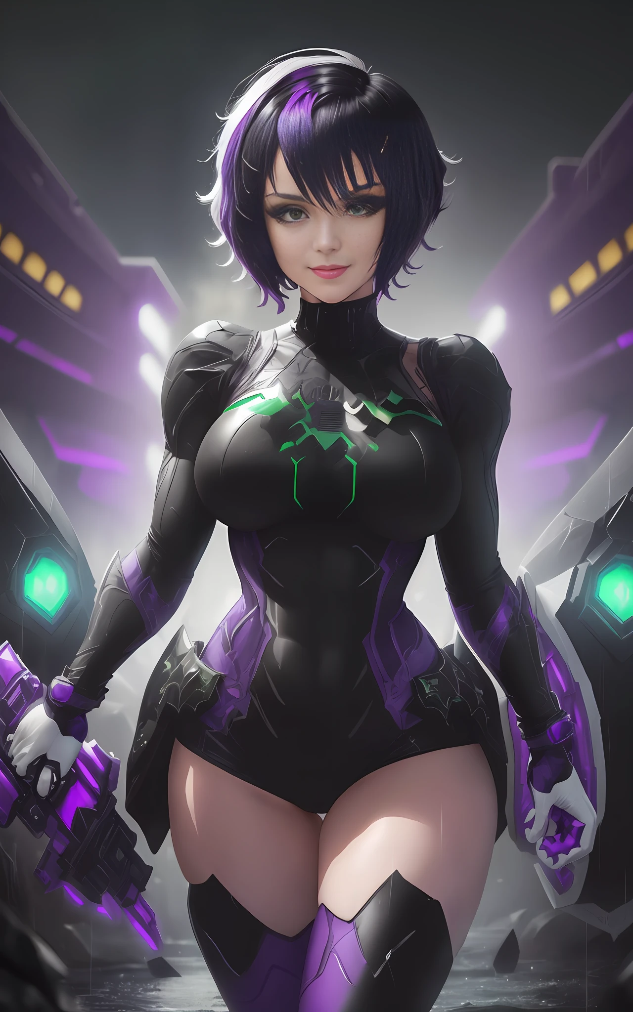 Image 16k, UHD, Super Metroid style, ((([Woman|maid| Samus Aran| Batman| Spider-Man]))),(((black clothing with white parts))), (((short purple hair))), (((green eyes))), looking at the viewer, smile, holding futuristic weapons, futuristic city, heavy rain, wet body.