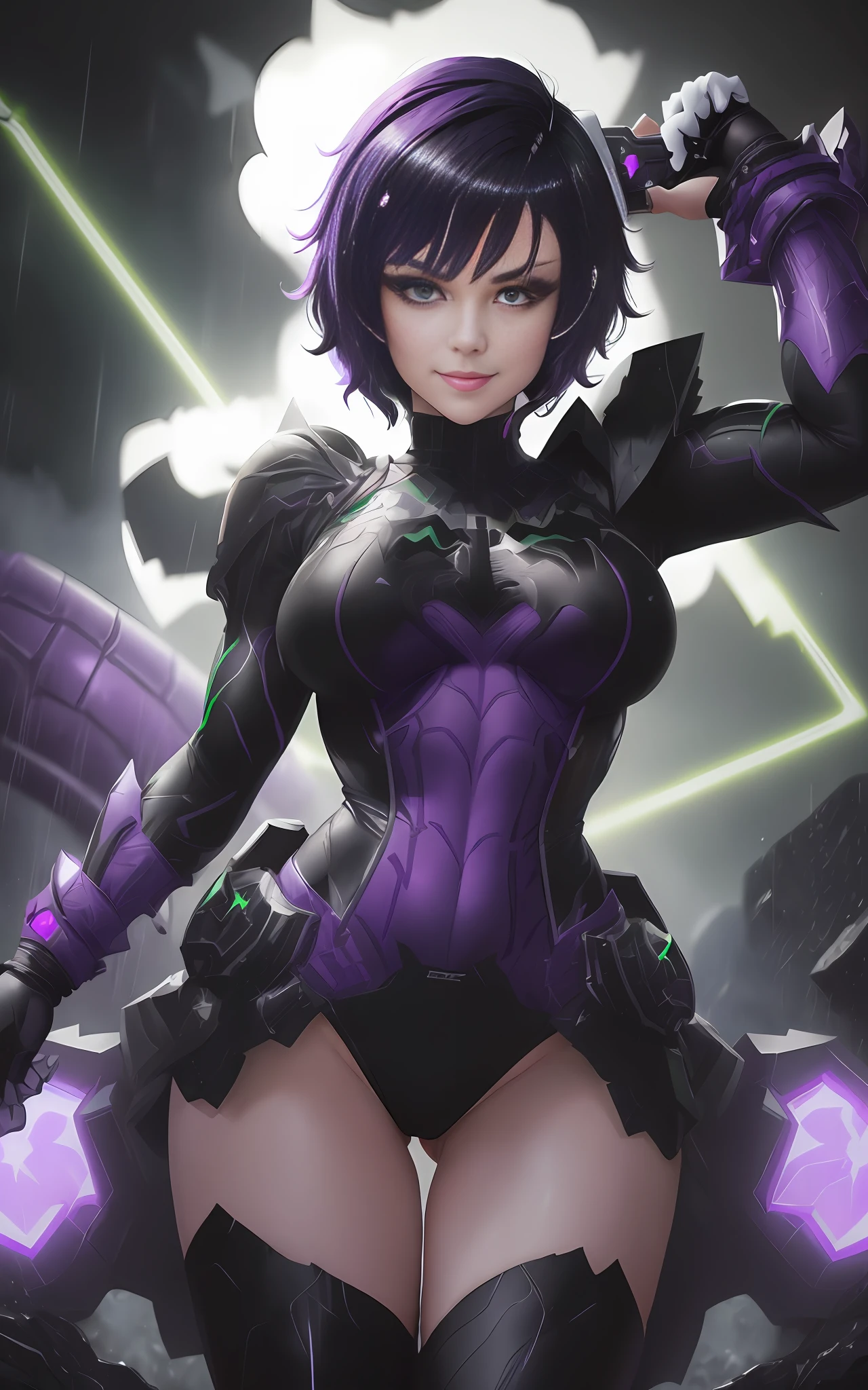 Image 16k, UHD, Super Metroid style, ((([Woman|maid| Samus Aran| Batman| Spider-Man]))),(((black clothing with white parts))), (((short purple hair))), (((green eyes))), looking at the viewer, smile, holding futuristic weapons, futuristic city, heavy rain, wet body.