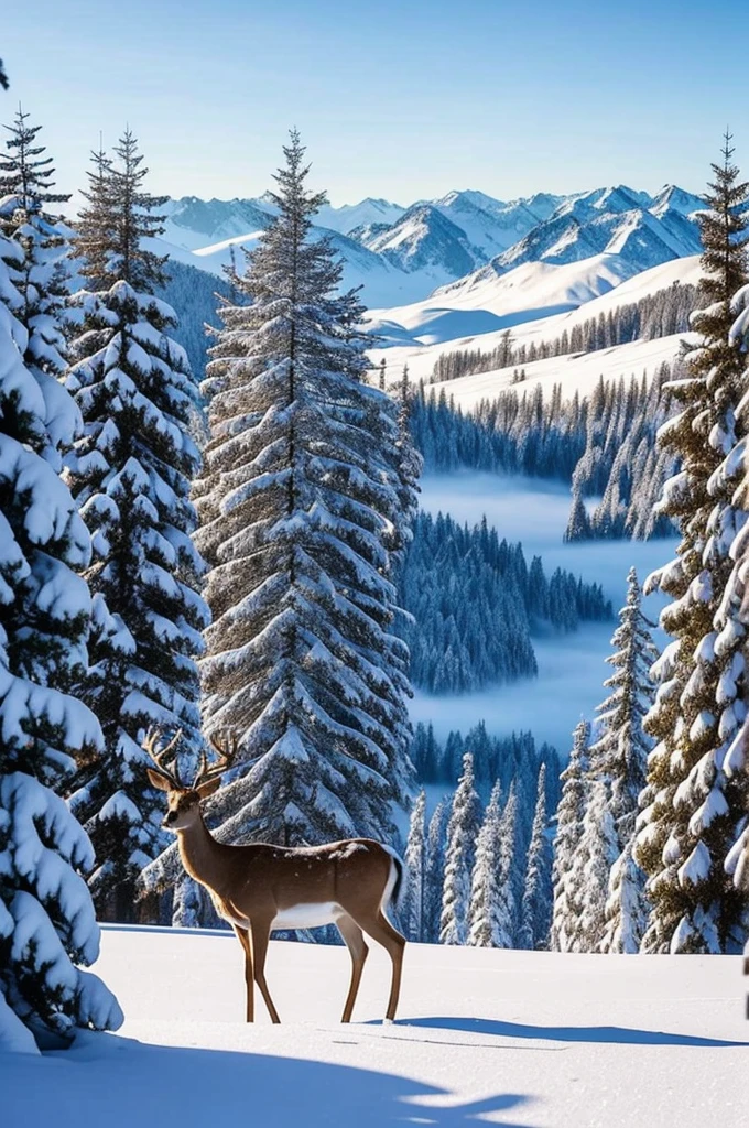 masterpiece, best quality CG unity 8k wallpaper of
(a deer in the center,1.5) stare at viewer,
A breathtaking winter landscape, blanketed in a mantle of snow.
(a footpath) meander to the distance, in the side, tall evergreens stand with their branches weighed down by heavy snow,
a far way (misty mountain) has golden glow in peek