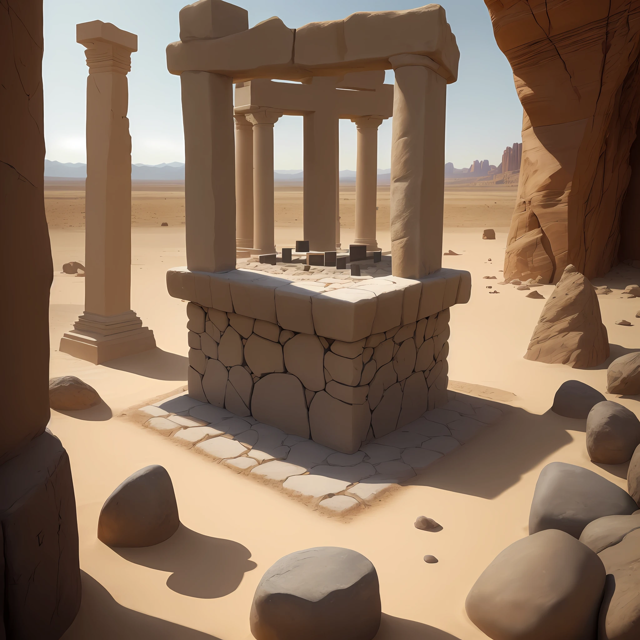 a rustic altar made of stones stacked on top of each other, erected in a desert and barren place. The altar occupies the center of the scene, representing the sacred place where the sacrifice is about to take place. The altar stones are irregular and weathered, evoking a sense of antiquity and sacredness. The act of sacrifice. .(cinematic) (super realistic) (in 4k )