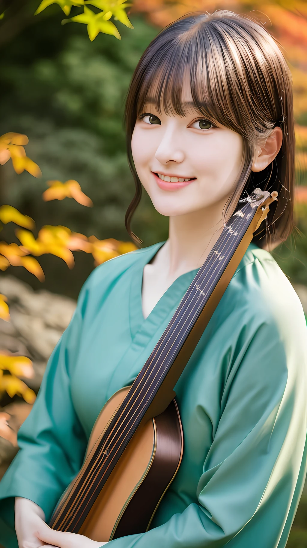 realistic photos of (1 cute Korean star)blunt bangs, thin makeup, medium breasts size, slightly smile, blue and green shirt, playing shamisen in the garden, leaves fall, clear facial features of Canon , 85mm, chromatic aberration abuse, UHD, masterpiece, high details, highres, 16k